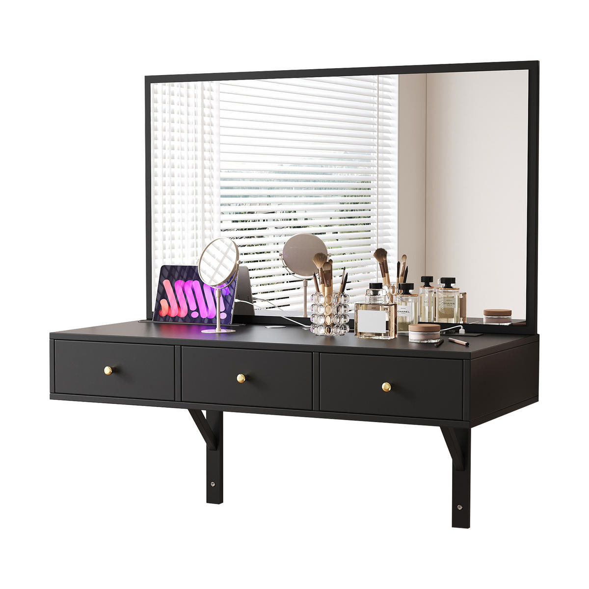 SCHMINKTISCH 100/105/45 cm schwarz mit 3 Schubladen und Steckdosen - Schwarz, Holzwerkstoff (100/105/45cm) - OKWISH