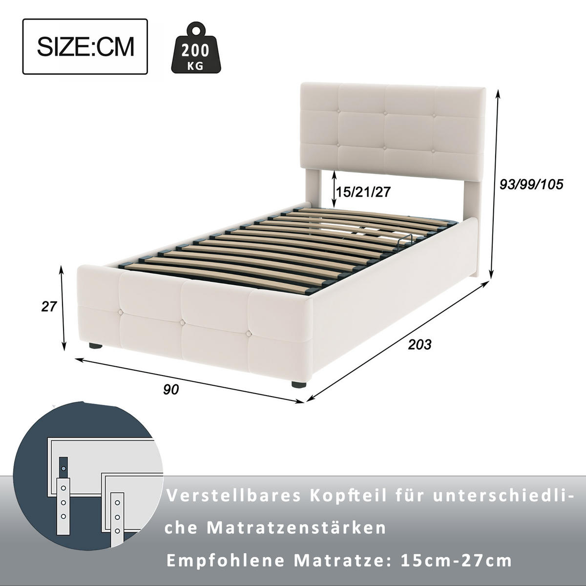 KINDERBETT 90/200 cm in Beige Samt mit Stauraum - Beige, Holzwerkstoff/Textil (90/200cm) - WISHDOR