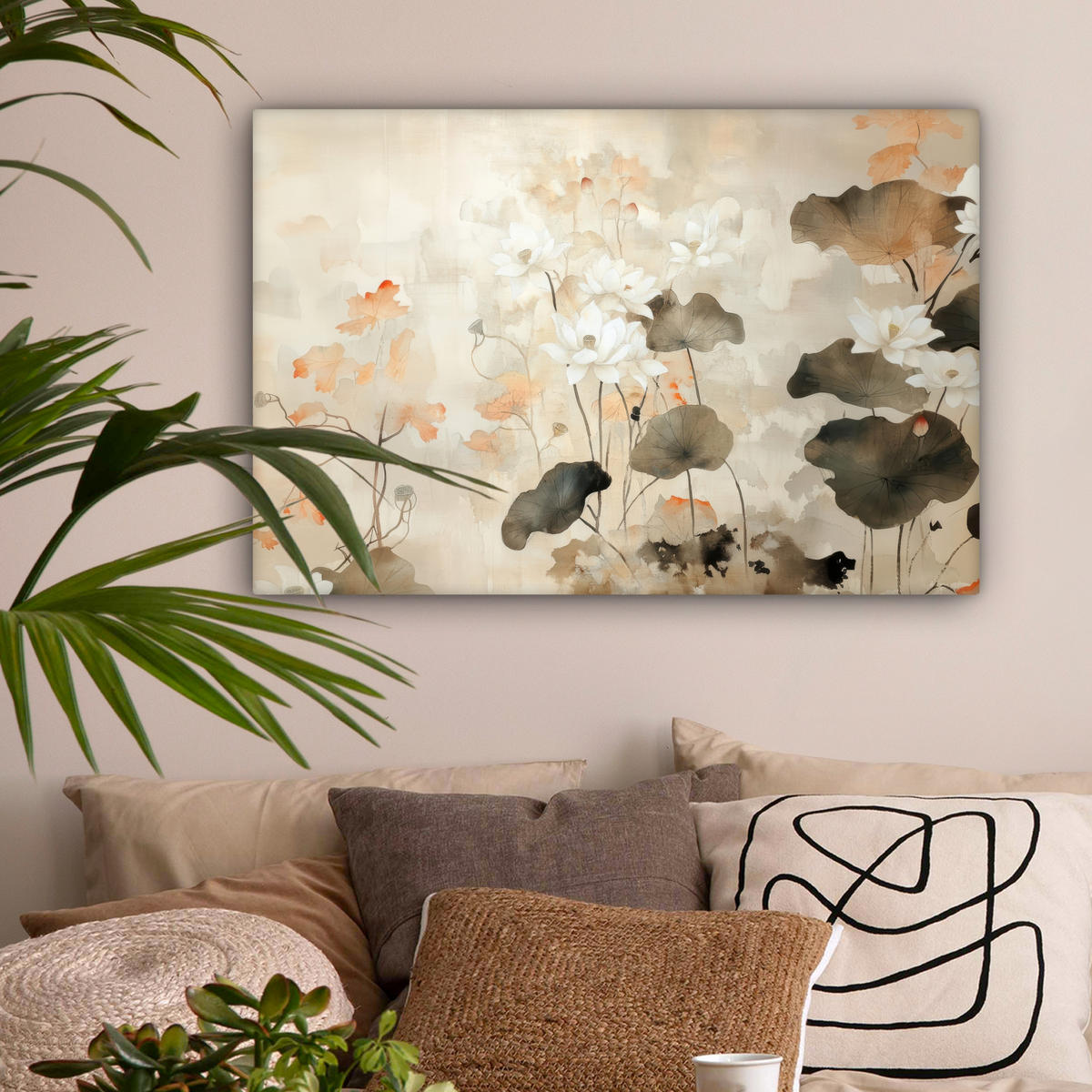 LEINWANDBILD Blumen - Japandi - Wabi sabi Gemälde 60x40 cm - Sandfarben, Textil (60/40cm) - MuchoWow