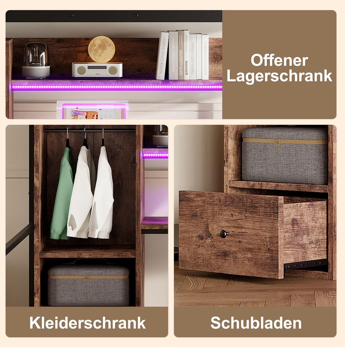 HOCHBETT 140/200 cm Schwarz aus Metall und MDF mit LED-Beleuchtung - Schwarz, Holzwerkstoff (140/200cm) - OKMYHOME