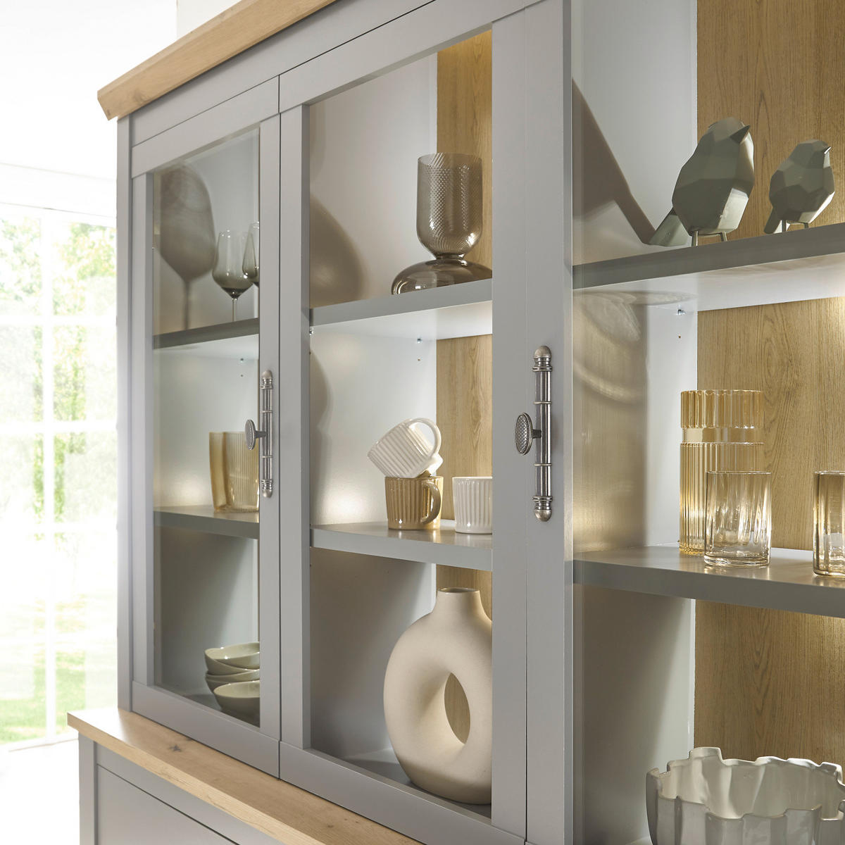 BUFFET grau, Artisan Eiche Landhaus 183 x 200 cm, Buffetschrank mit Weinregal - Silberfarben/Hellgrau, Glas/Holzwerkstoff (183/206/44cm) - Furn.Design