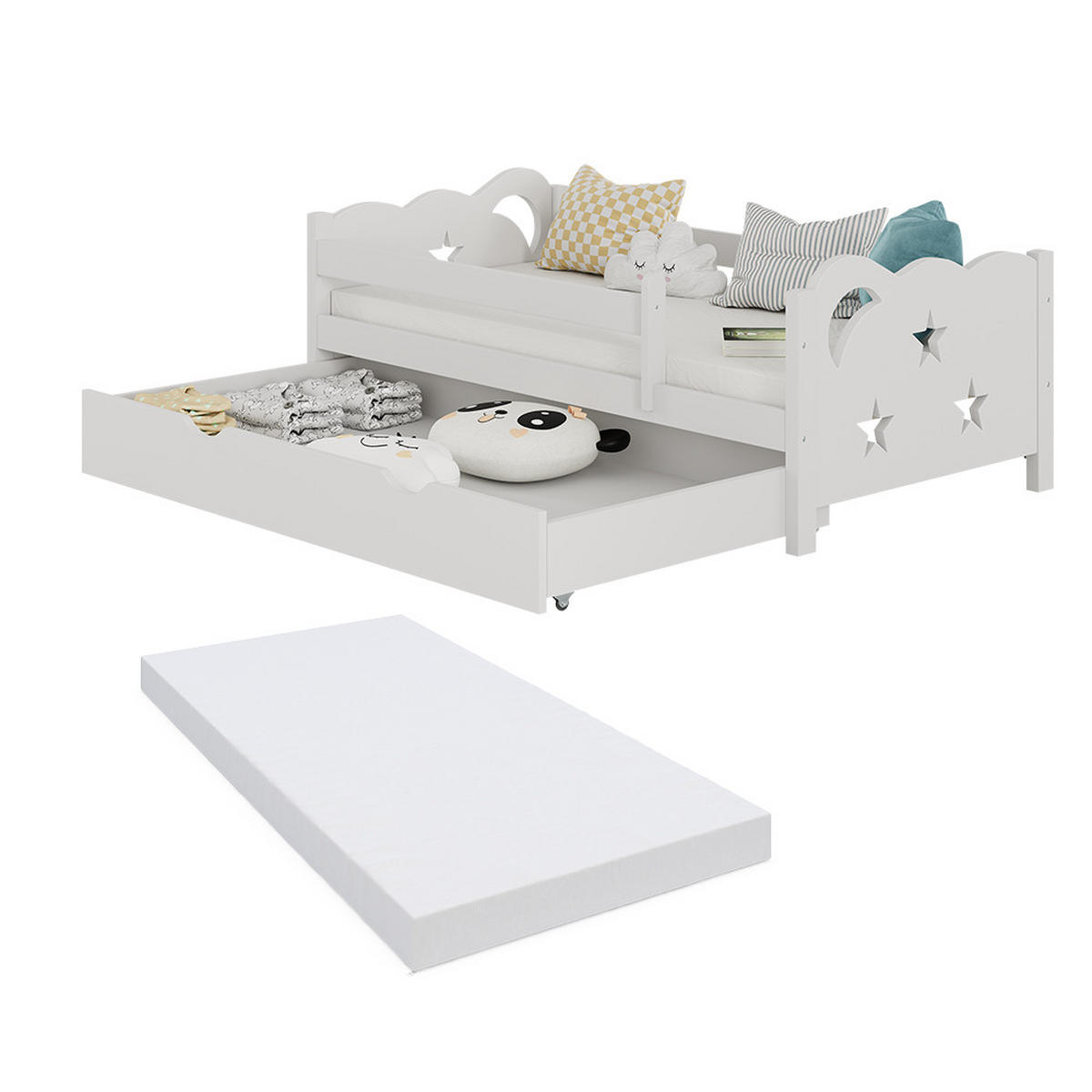 KINDERBETT Jessica Weiß 70x140 cm mit Schublade und Matratze - Weiß, Holz (146/53/76cm) - VitaliSpa