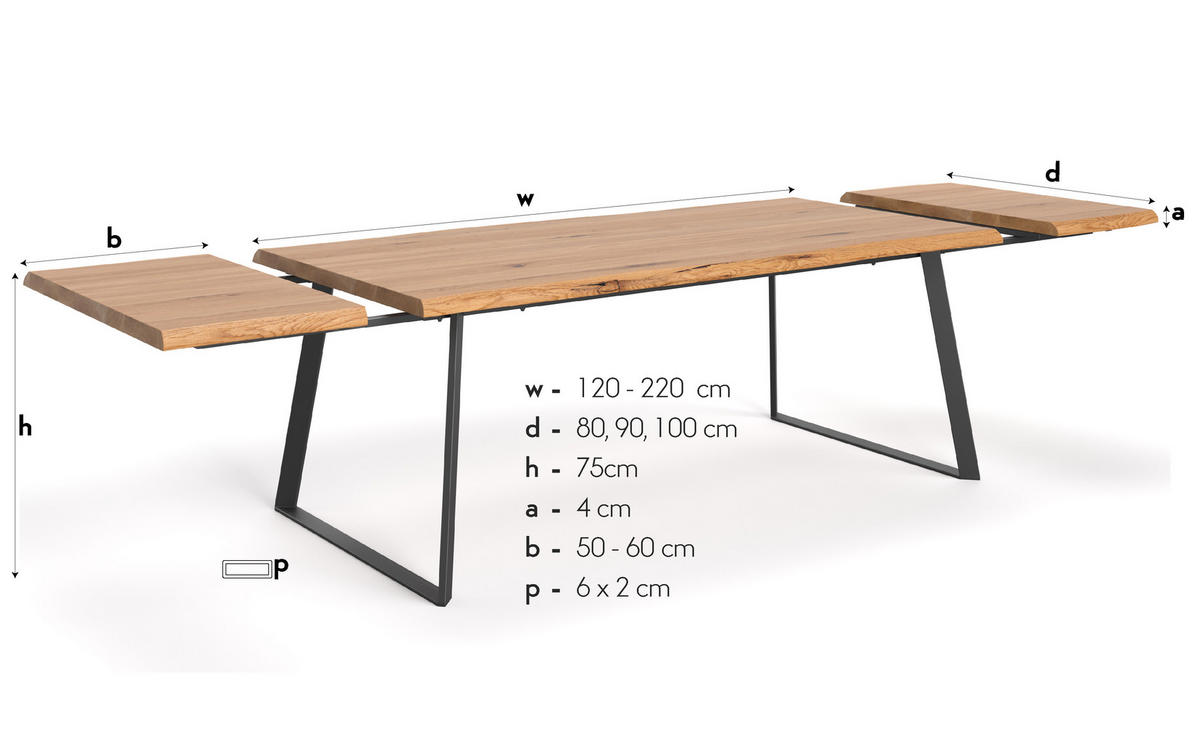 TISCH Ausziehbar Delta aus massivem Eichenholz 180x90 cm + Tischverlängerungen 2x60 cm - Eichefarben/Schwarz, Holz/Metall (180/90/75cm) - Danzz