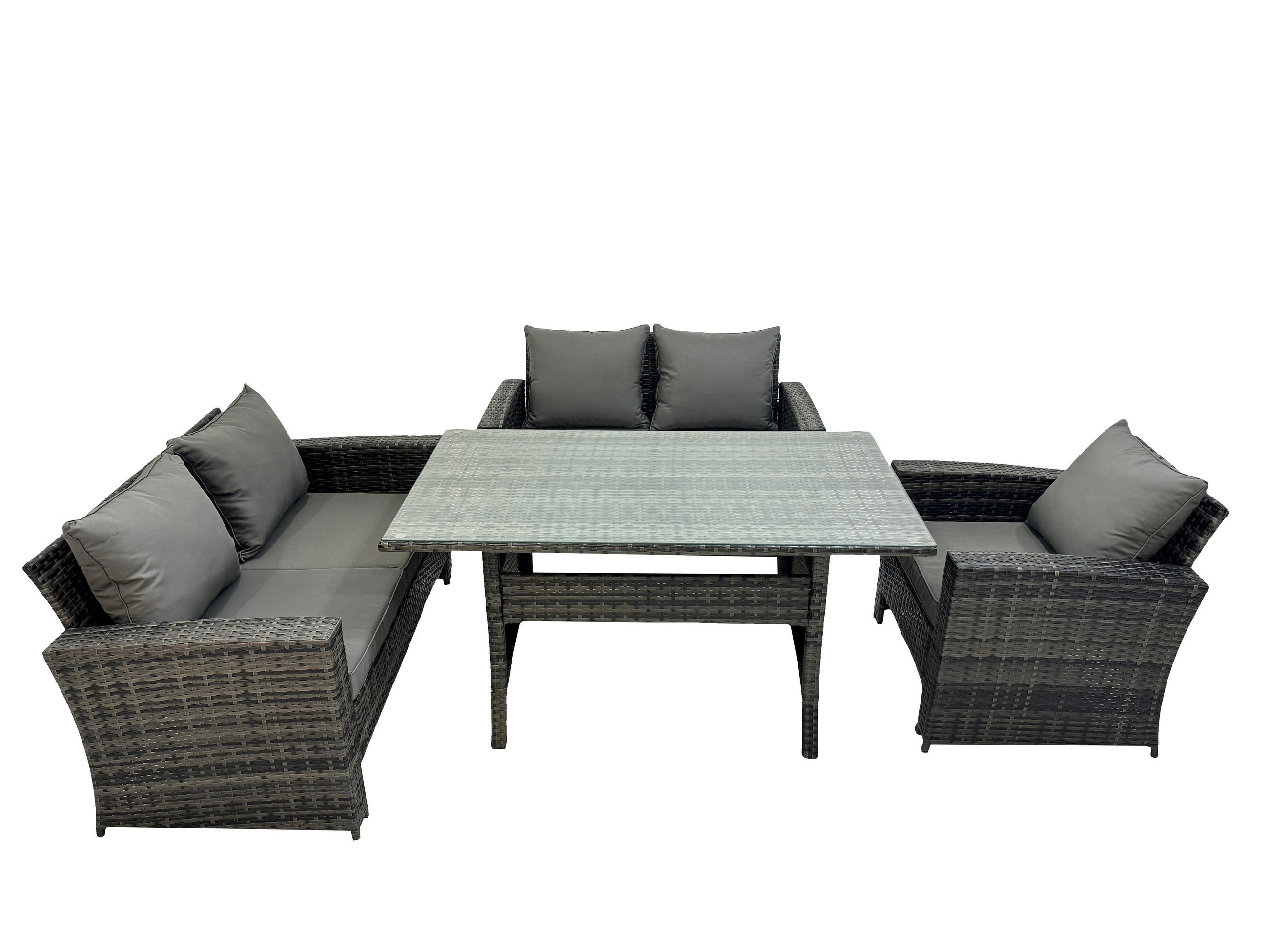 GARTENMÖBELSET mit 2-Sitzer Sofa,2 Hockern,Esstisch Polyrattan Dunkelgrau 5-Sitzer - Dunkelgrau/Grau, Glas/Kunststoff - Fimous