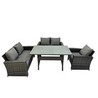 GARTENMÖBELSET mit 2-Sitzer Sofa,2 Hockern,Esstisch Polyrattan Dunkelgrau 5-Sitzer - Dunkelgrau/Grau, Glas/Kunststoff - Fimous