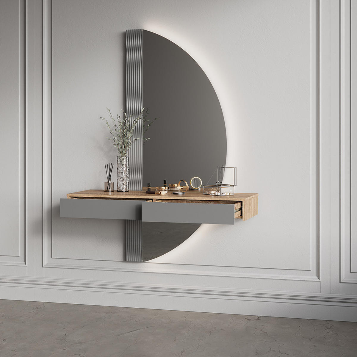 SCHMINKTISCH Ascona Grau 120 cm mit 2 Schubladen - Eichefarben/Grau, Holzwerkstoff (120/161.1/40cm) - Livinity®