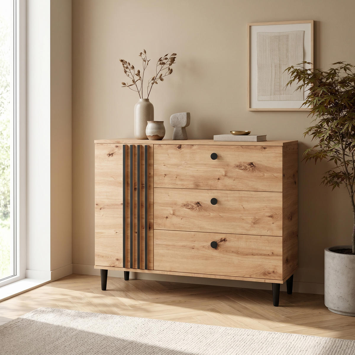 KOMMODE ARTIANO 120/92,5/40cm mit 3 Schubladen 1 Türen Eiche Artisan - Eiche Artisan, Holzwerkstoff (120/92.5/40cm) - MASSENO