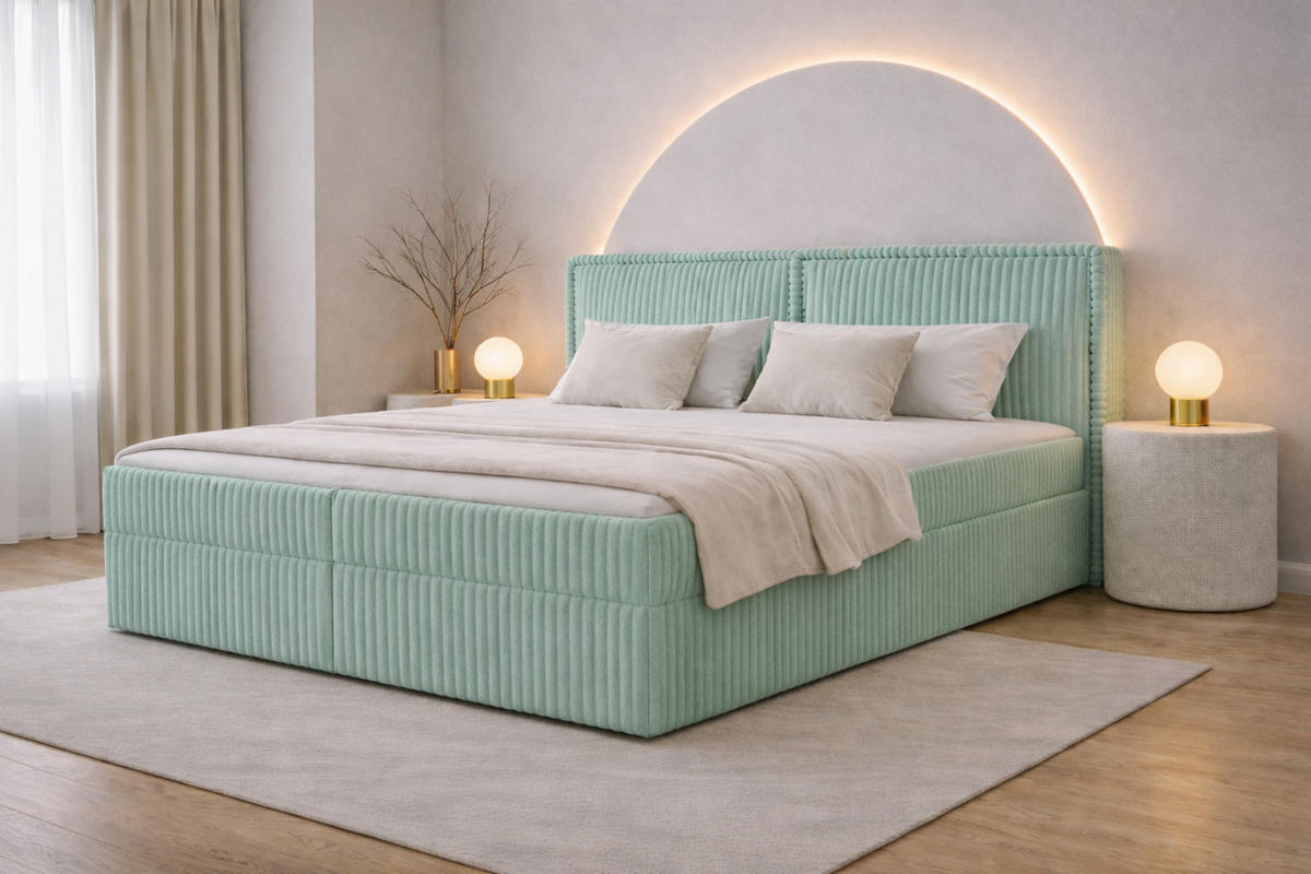 BOXBETT 04 180 x 200 cm - Ambience – Modernes Polsterbett mit Bettkasten, Topper und gepolstertem Kopfteil, Stoffbezug, Stauraumbett - Mintgrün, Holz (180/200cm) - ROYAL24_MARKT