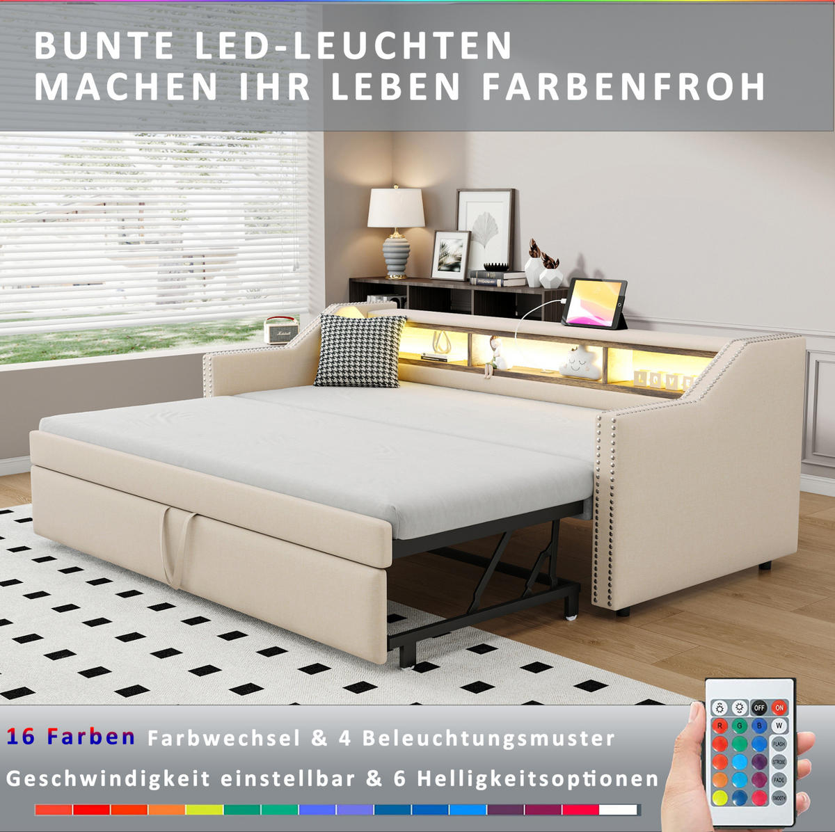 SCHLAFSOFA 90/190 cm ausziehbar auf 180/190 cm mit LED, USB und Ablagefächern, Leinenstoff, Beige - Beige, Textil (102/74/203.5cm) - Redom