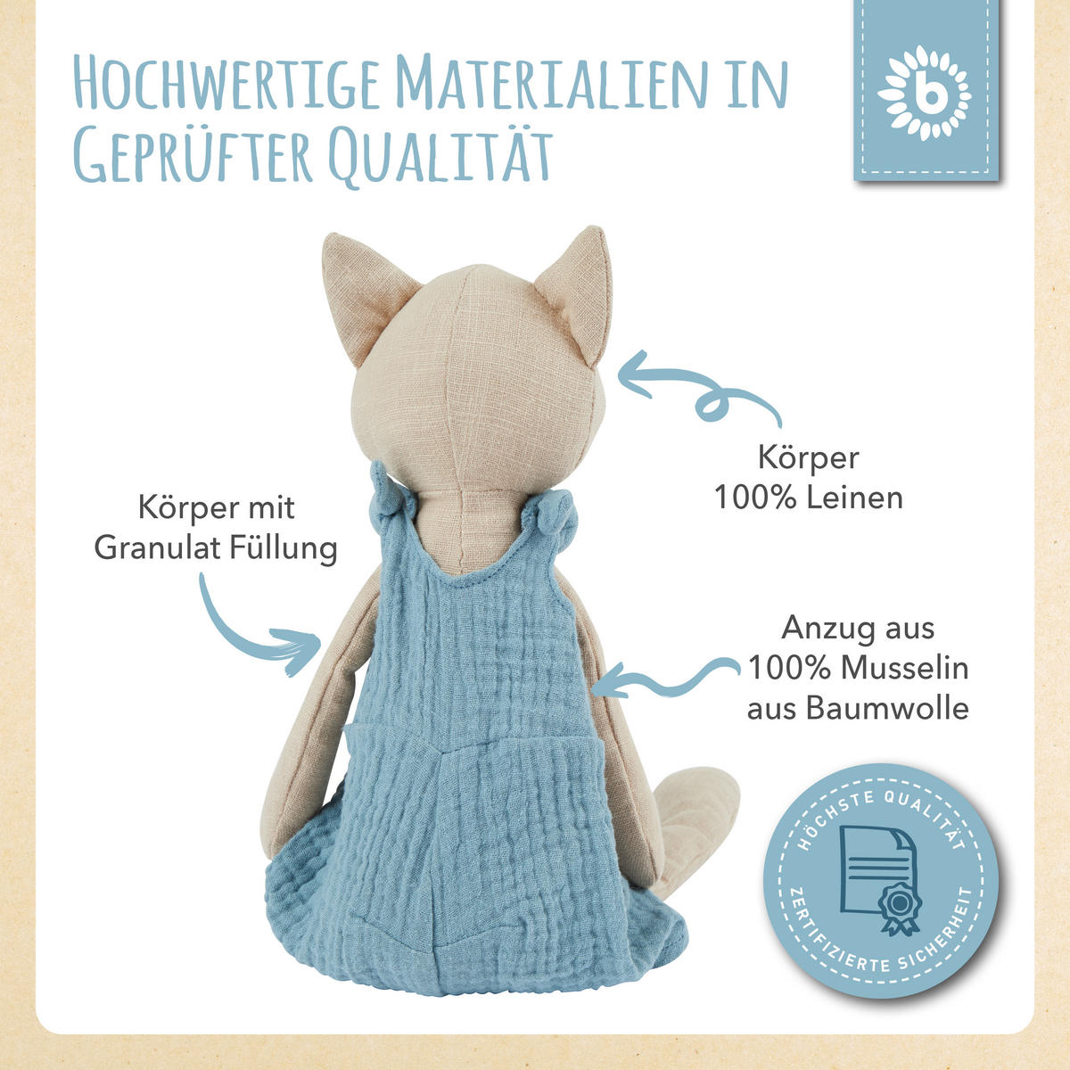 KUSCHELTIER Leinen und Musselin Fuchs - Beige, Textil (13/23cm) - Bieco Spielwaren