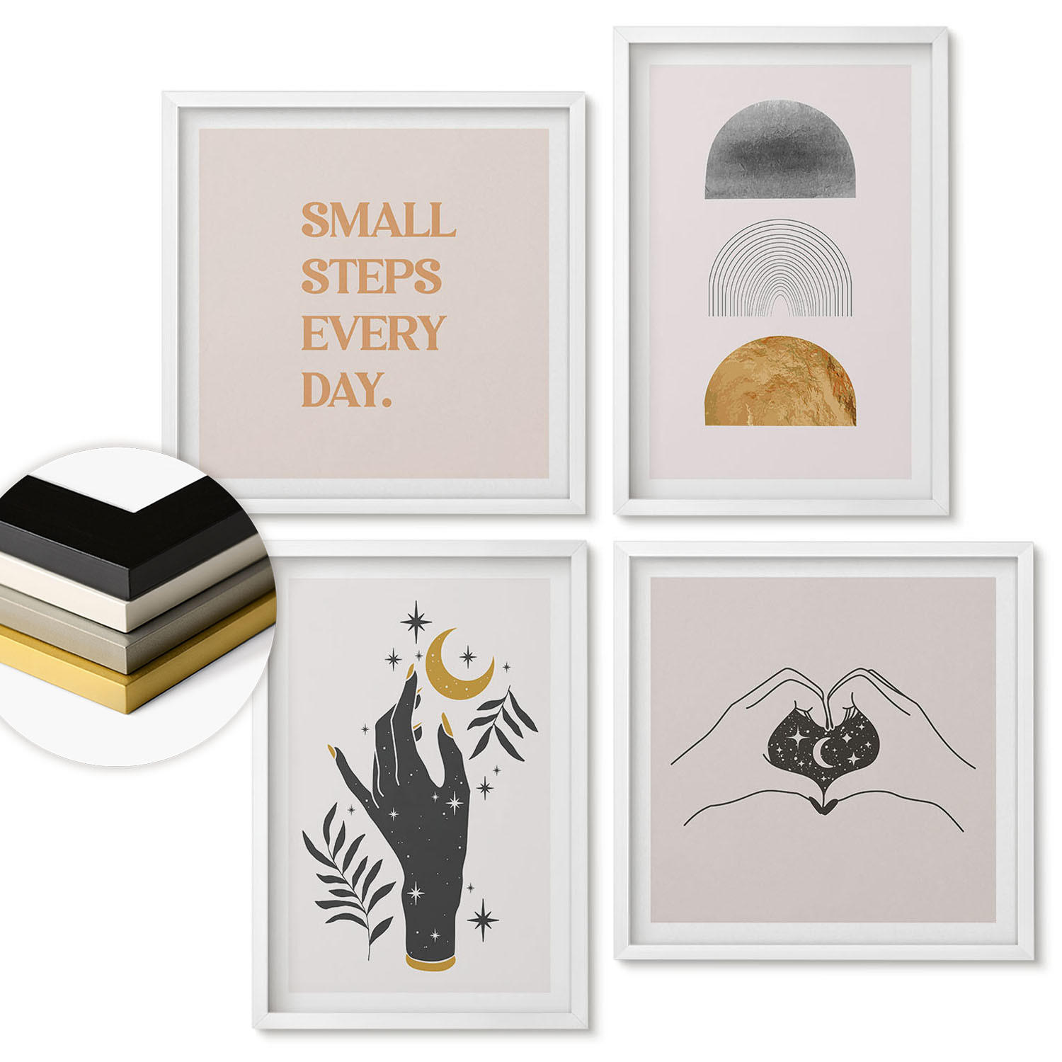 WANDBILDER 4er-Set - 50x50 cm & 40x60 cm Weißer Rahmen - Minimalistische Boho-Illustrationen - Weiß, Kunststoff (50/50cm) - ArtPrintCave