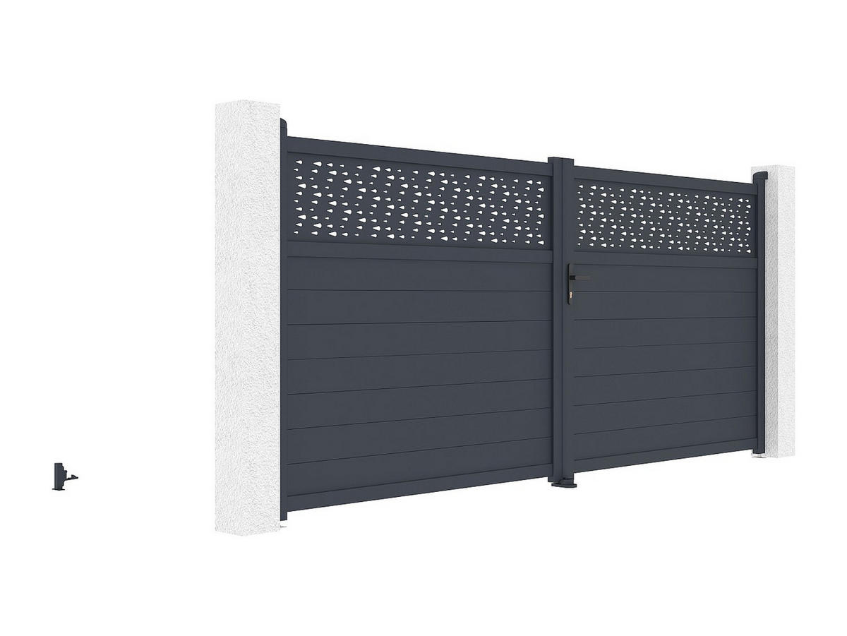 GARTENTOR Flügeltor - 397 x 181 cm - Aluminium - Halbvoll mit Muster - Anthrazit - BAZIO - Anthrazit, Metall (392/176cm) - Vente-Unique