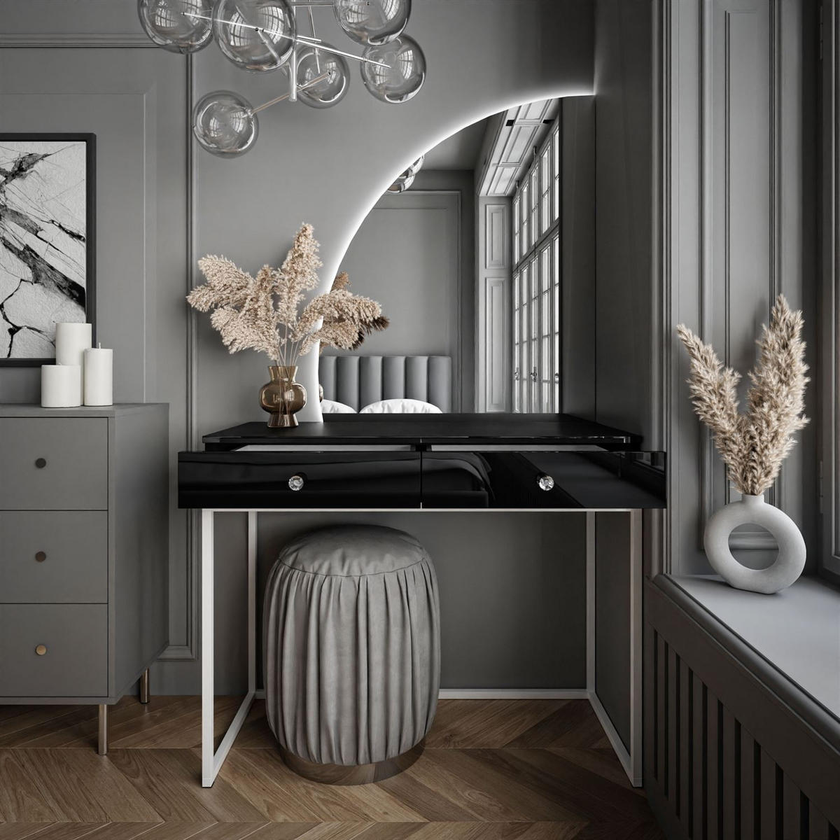 SCHMINKTISCH weiß/schwarz Hochglanz QUINNIE mit LED-Spiegel links Griff Kristall - Schwarz Hochglanz/Weiß, Holzwerkstoff (100/176/42cm) - Lookway