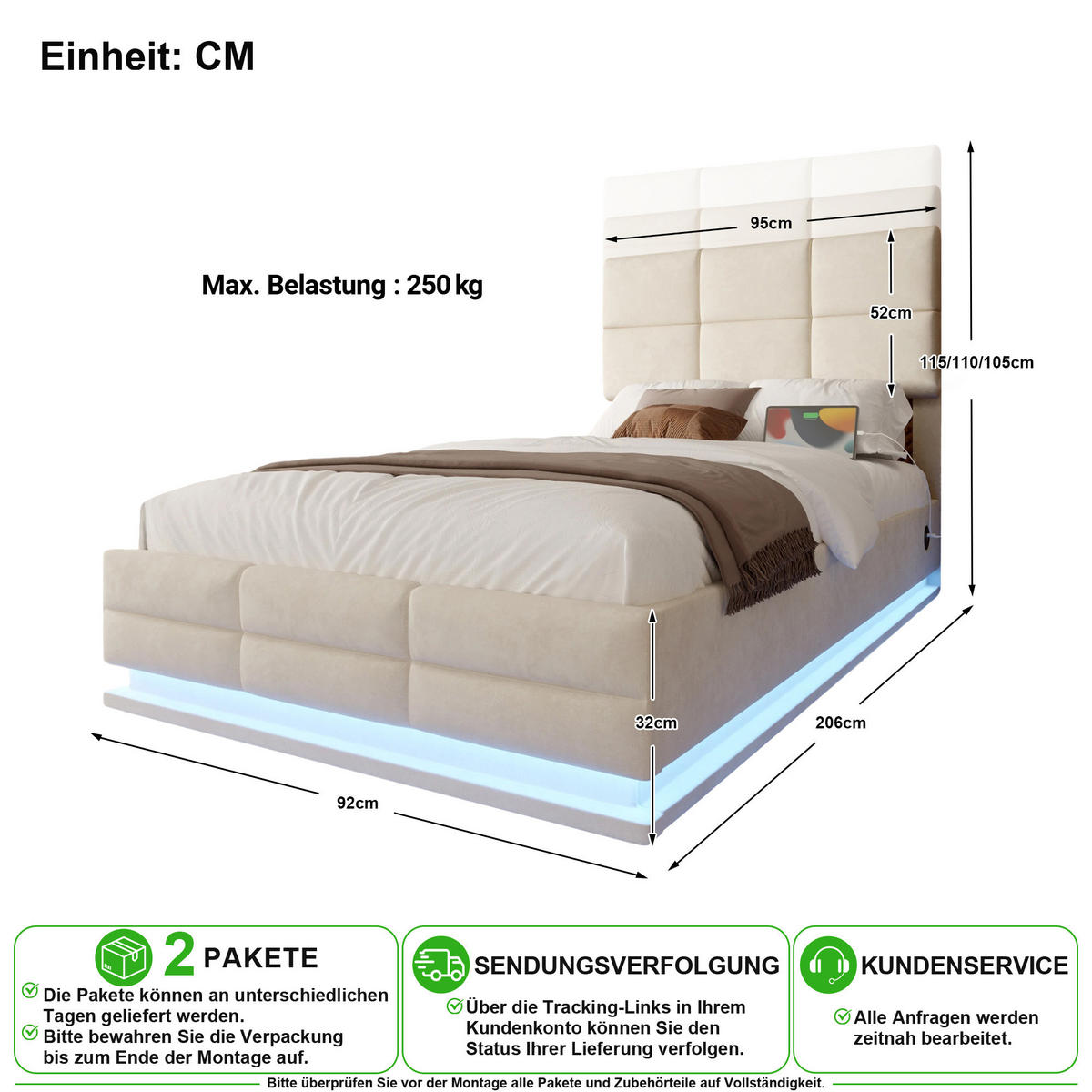 POLSTERBETT 90/200 cm in Beige Samt mit Bettkasten, LED und USB - Beige, Holzwerkstoff/Textil (90/200cm) - CHICFURN