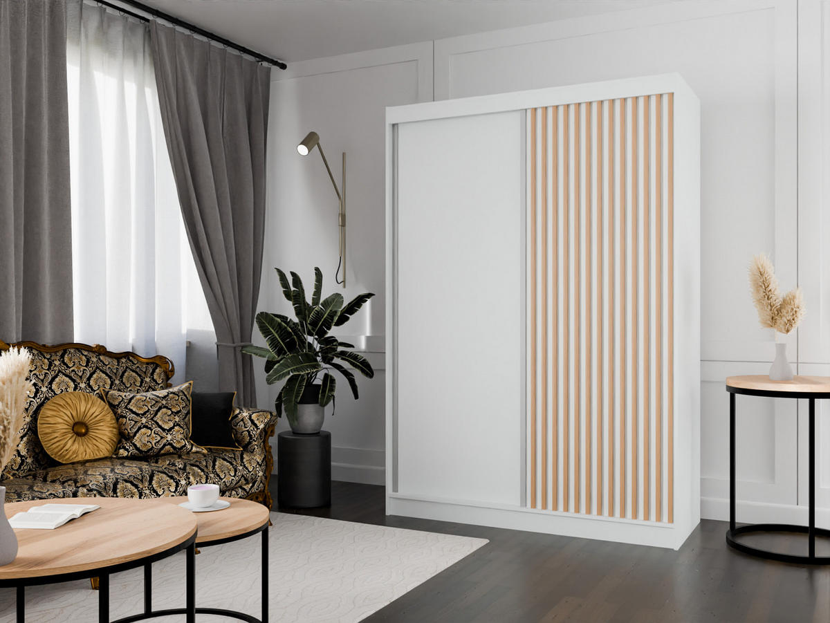 SCHIEBETÜRENSCHRANK LAMELIS - Eiche Wotan/Weiß, Holzwerkstoff (150/215/61cm) - Meblini