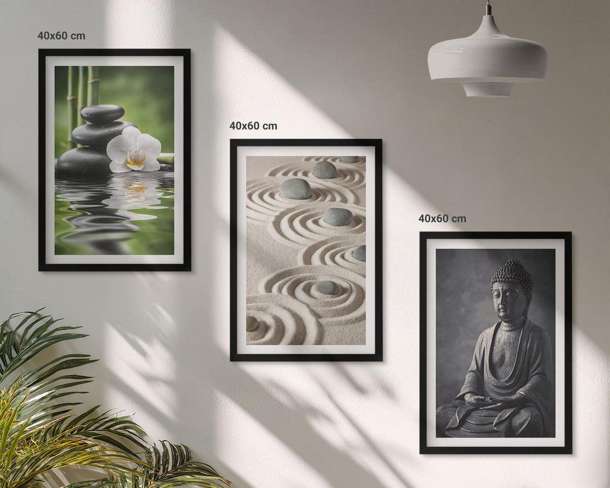 BILDER SET 3er Set - 40x60 cm Schwarzer Rahmen - Entspannender Blick auf den Zen-Buddha - Schwarz, Kunststoff (40/60cm) - TULUP