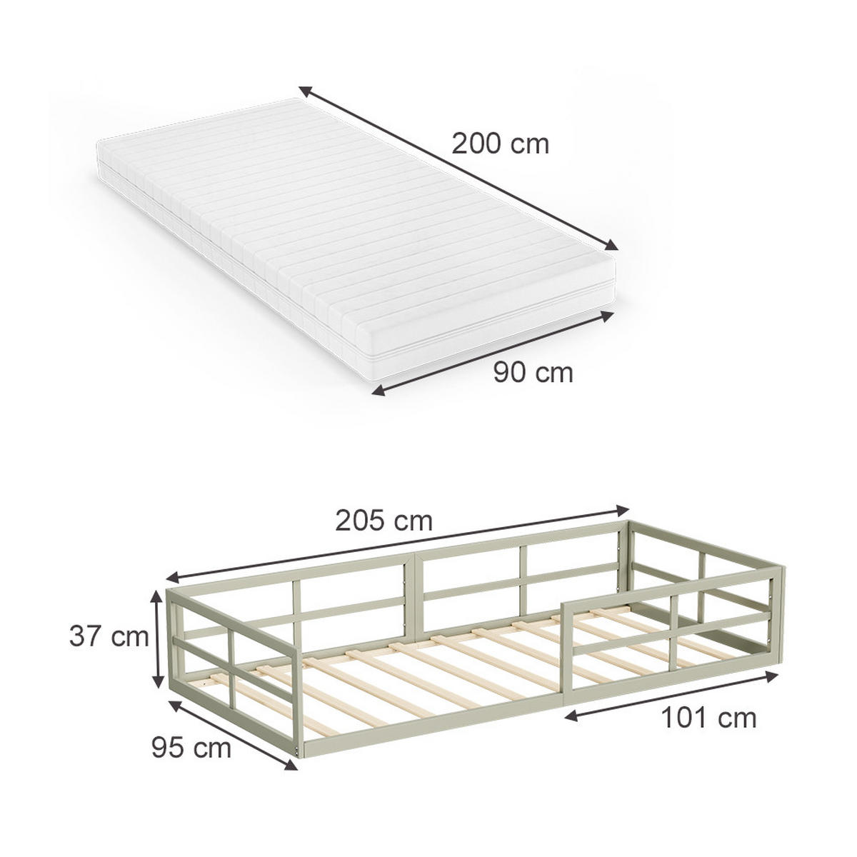 BODENBETT AUS METALL Minno Greige 90x200 mit Matratze - Greige, Metall - VitaliSpa