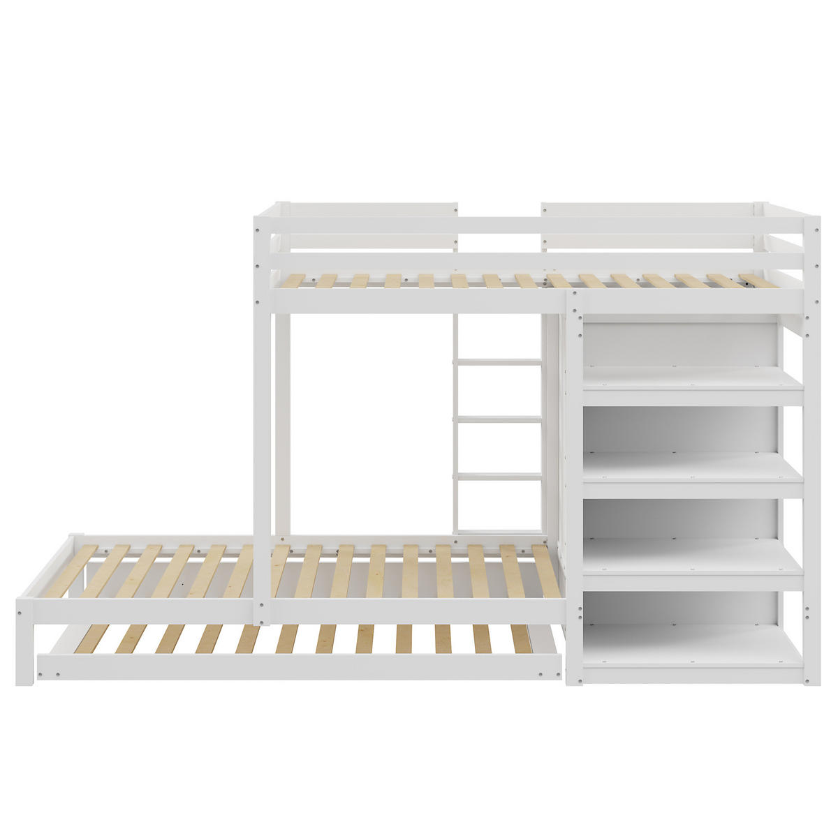 ETAGENBETT aus Massivholz 90x200 cm Weiß mit Ausziehbett, Kleiderschrank, Schubladen und Ablage - Weiß, Holz (90/200cm) - Modfu