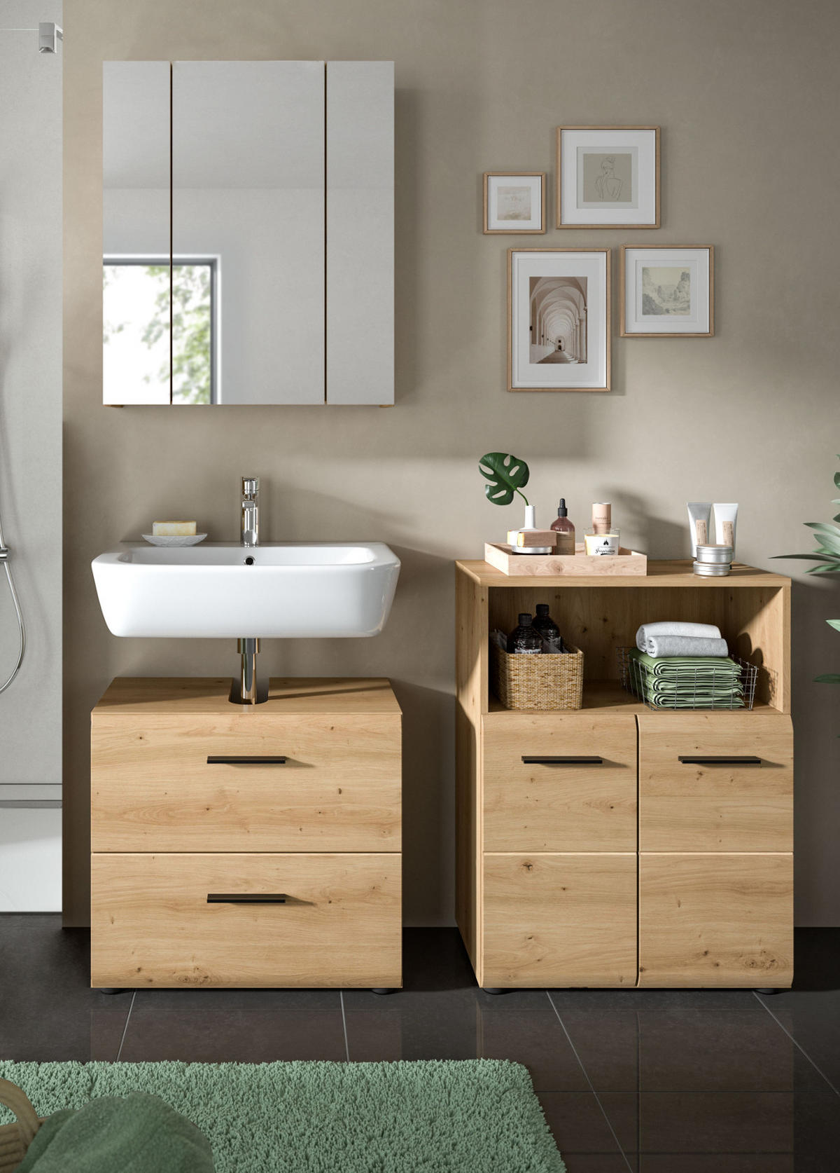 BADMÖBEL-SET 3-teilig in Eiche Artisan, Badkombination modern mit Vollauszug Schubkästen, Breite 135 cm - Schwarz/Eiche Artisan, Glas/Holzwerkstoff (135/185/30cm) - Inn.Furn