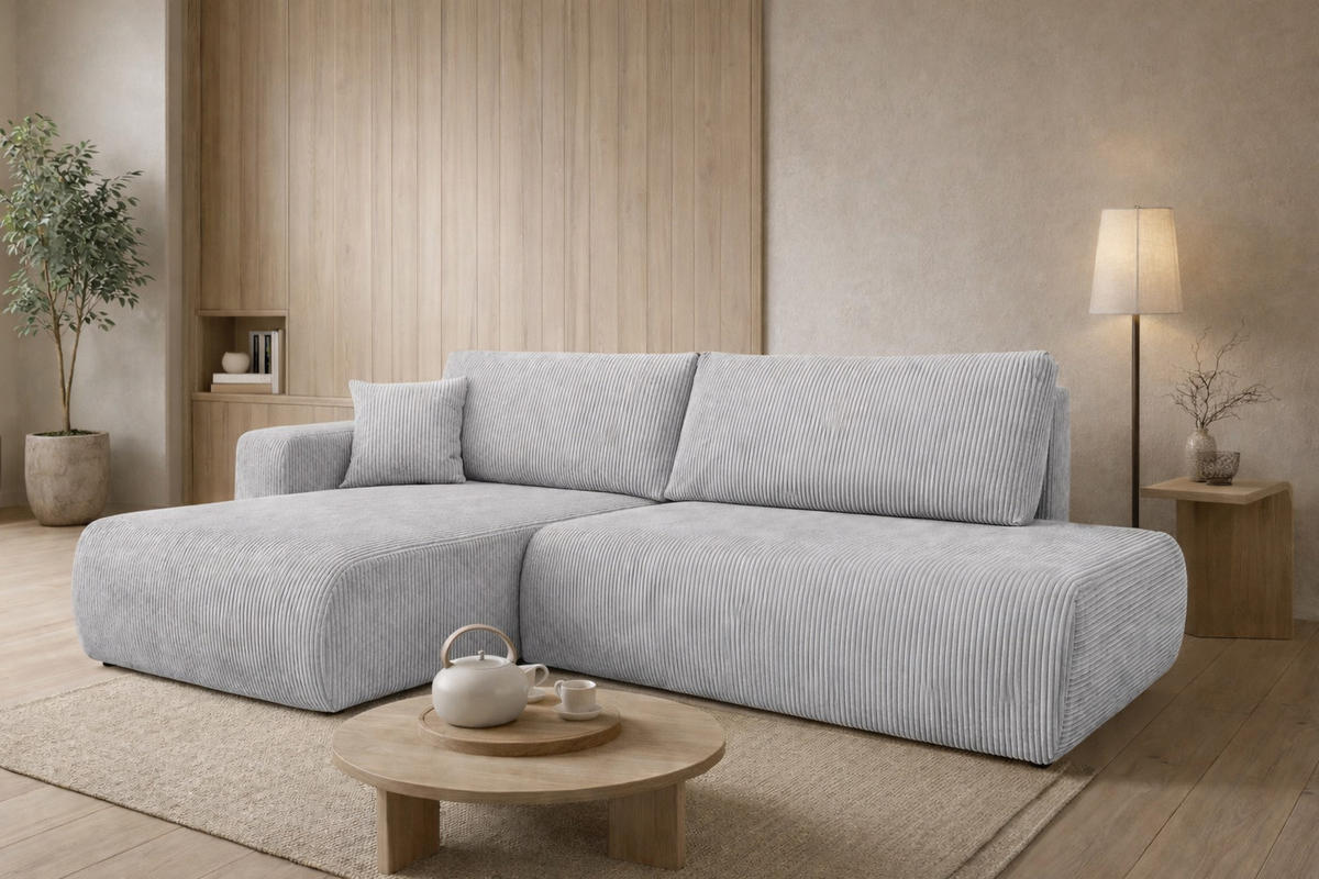 ECKSOFA Mit Schlaffunktion Und Bettkasten, Cordstoff Poso, Hellgrau, Links, OPEN XL - Hellgrau, Holz (262/145cm) - Kaiser Möbel