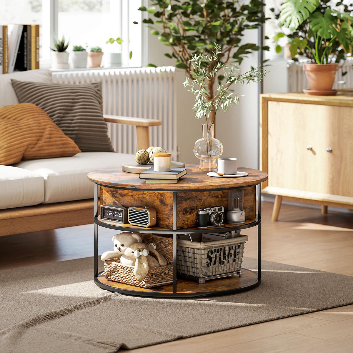 COUCHTISCH höhenverstellbar Wohnzimmertisch mit Ablagefläche, Braun - Braun, Metall (80/80/61.5cm) - HOMCOM