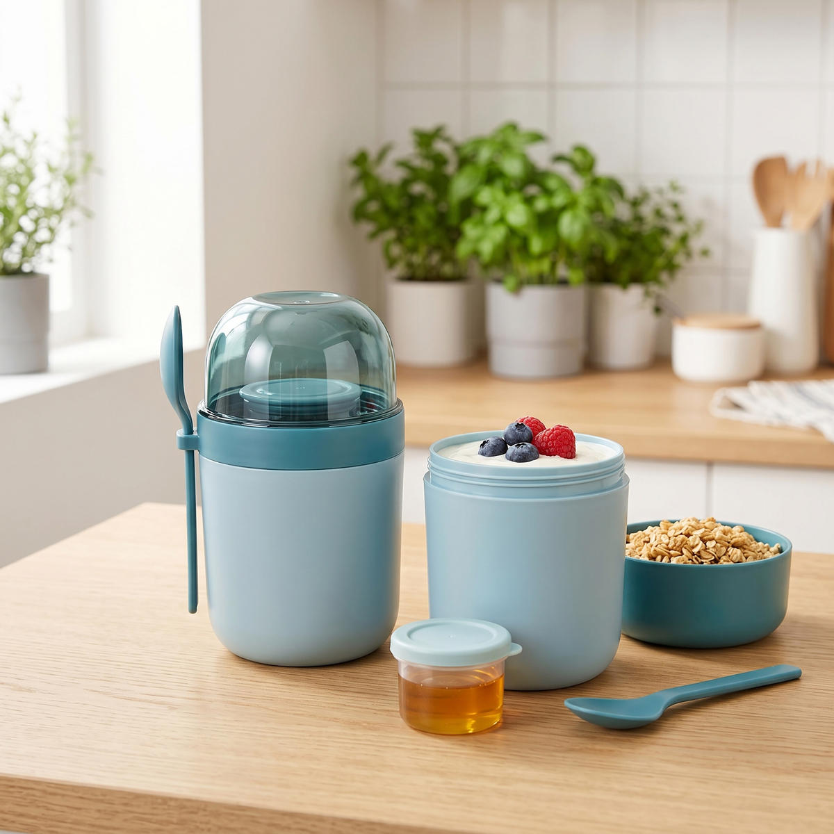 MÜSLIBECHER Blau 4er-Set auslaufsicher - Blau, Kunststoff - Relaxdays