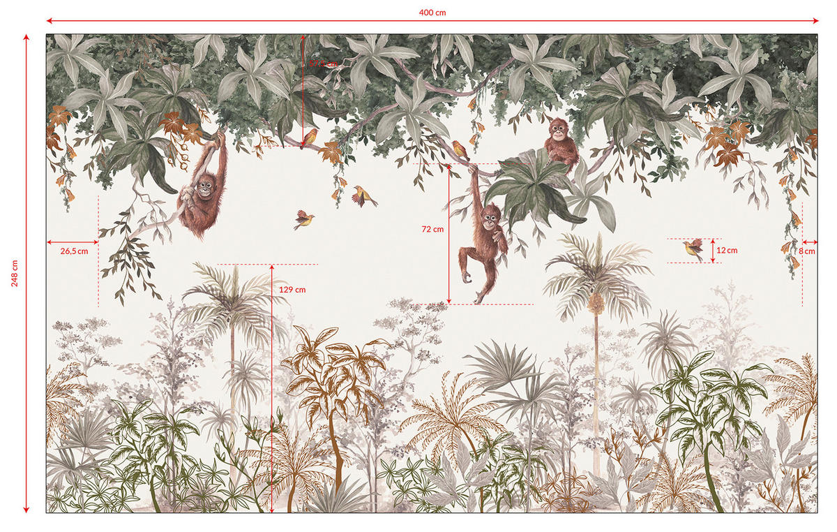 VLIESTAPETE Indonesischer Wald mit Affen. 4 m x 2,48 m, grün/braun - Multicolor, Papier (248/200cm) - Lilipinso