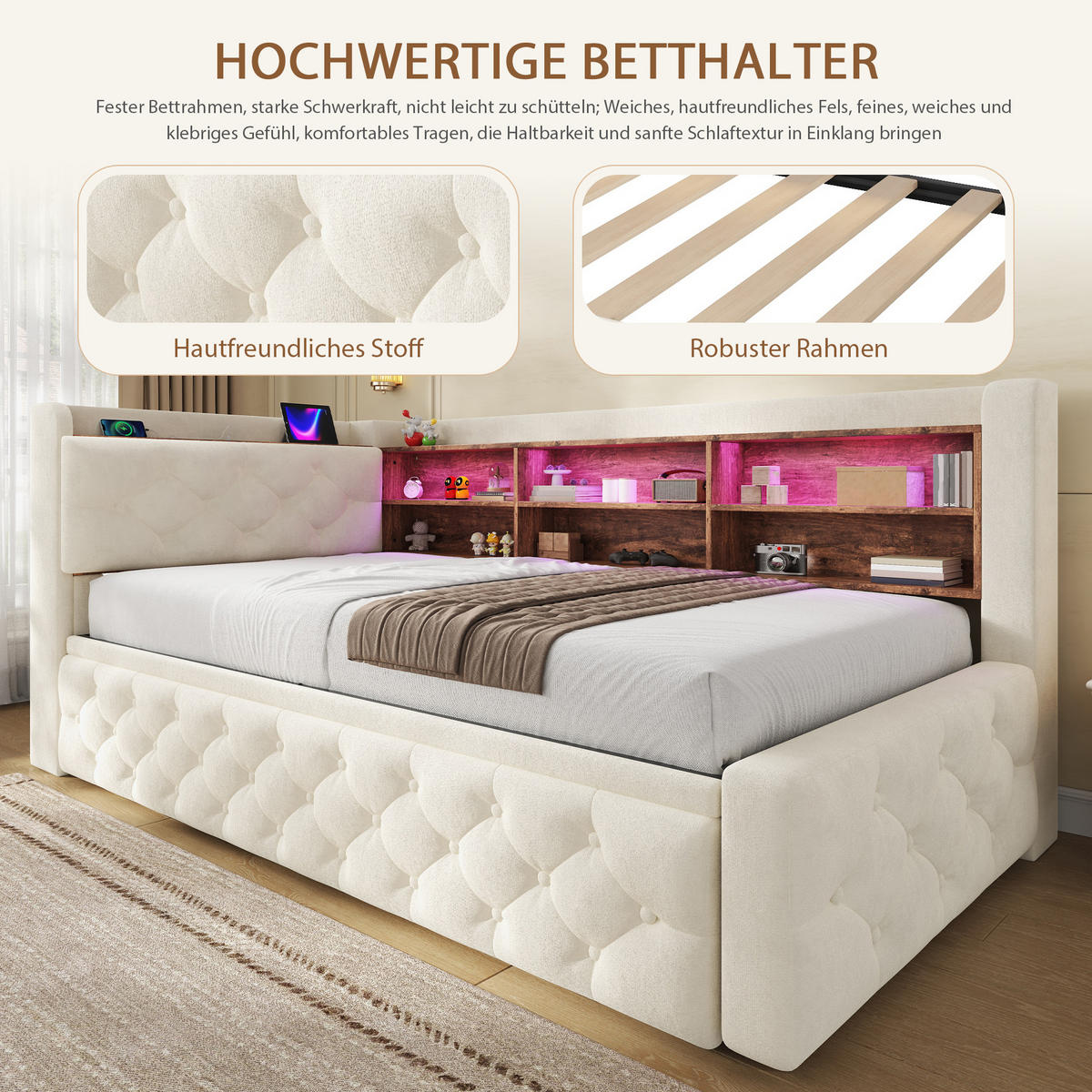 TAGESBETT Ausziehbar 90/180x190cm, Samt, LED/USB/Stauraum, Beige - Beige, Holz/Textil - LVHOM