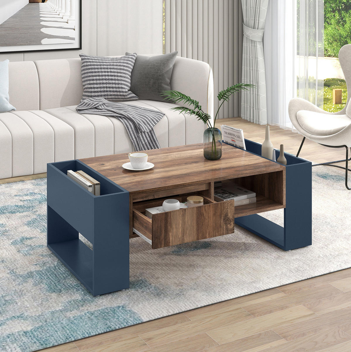 COUCHTISCH 111/60/40 cm mit Schublade und beidseitigem Stauraum - Schwarz, Holzwerkstoff (111/60/40cm) - Flora Grace