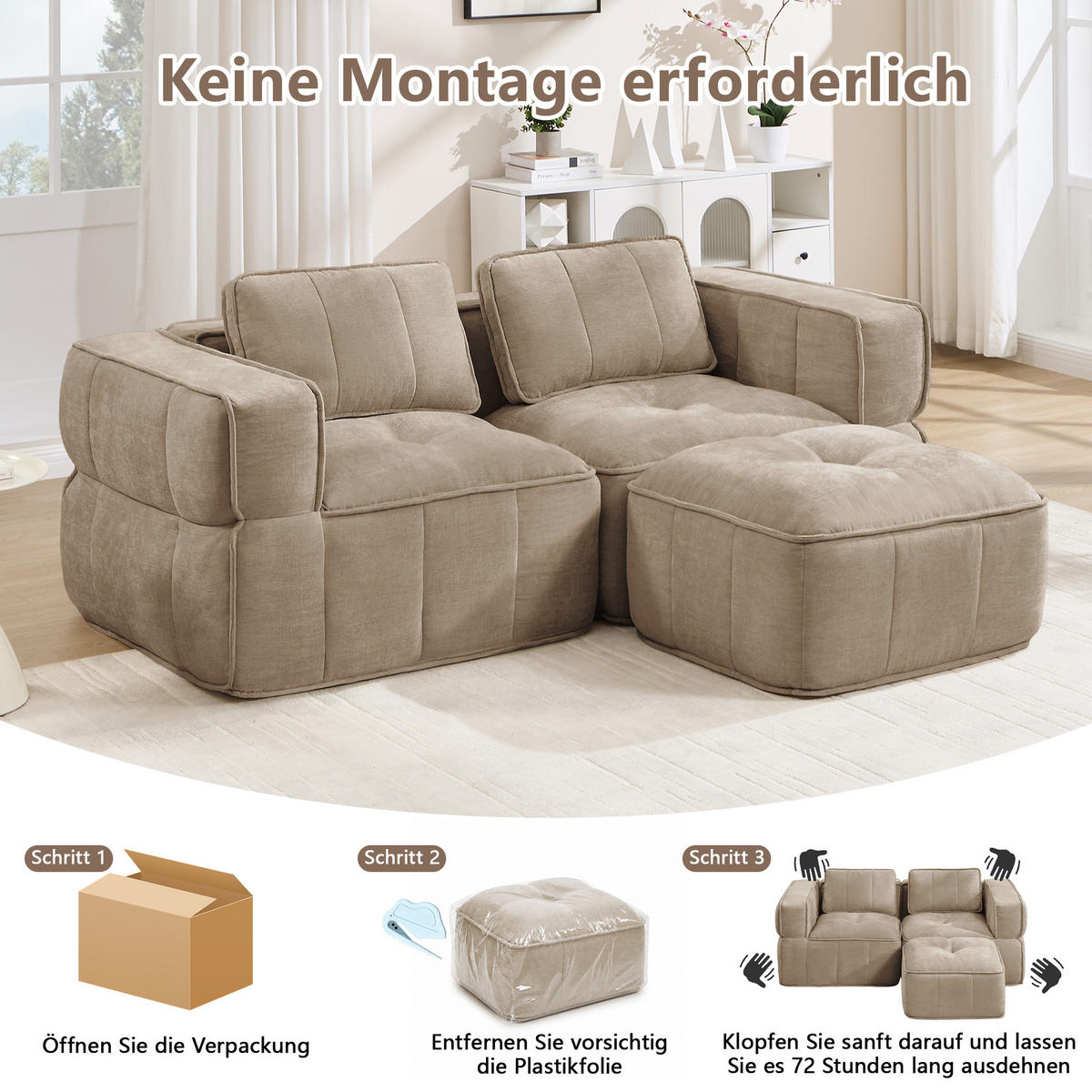 CANAPEA 2 LOCURI cu taburet, minimalist, Poliester-nisipiu - nisipiu, material textil (162/67/198cm) - KOMHTOM