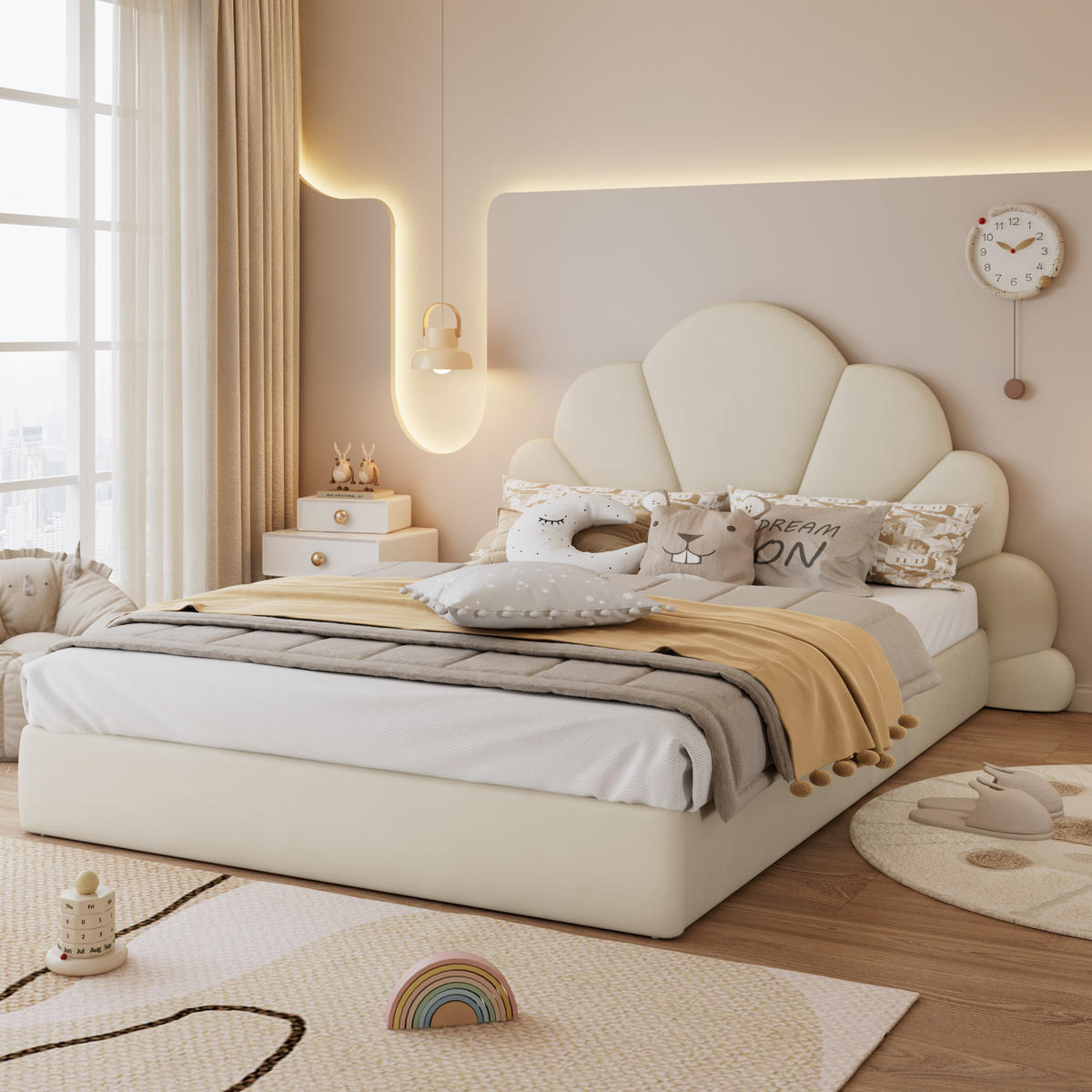 POLSTERBETT 140/200 cm aus Samt mit Blüten-Kopfteil Beige - Beige, Textil (140/200cm) - Modenvie