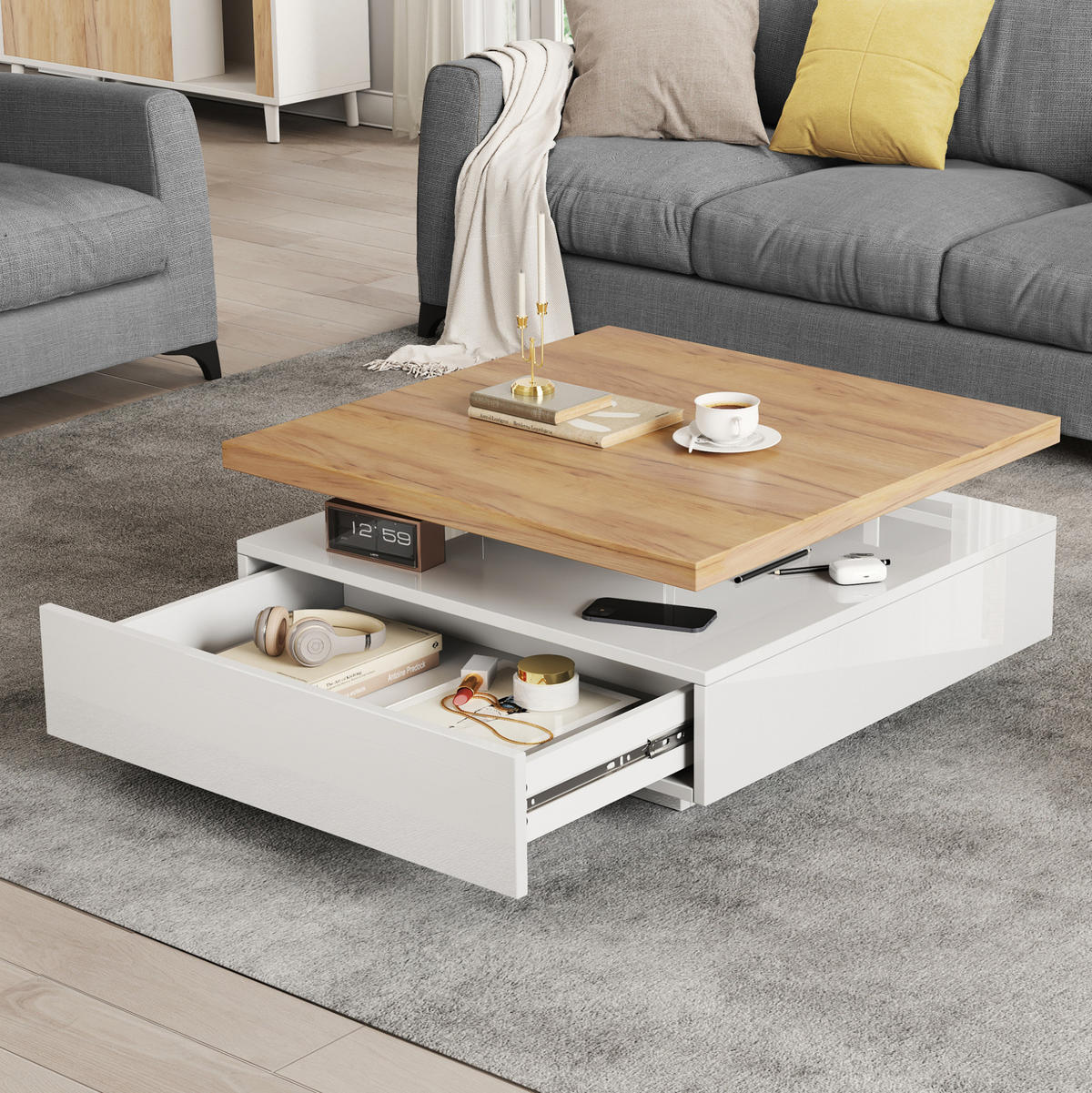 COUCHTISCH drehbar 70x70 cm Weiß Walnuss mit Schublade - Weiß, Holzwerkstoff (70/70/36cm) - Meubliv
