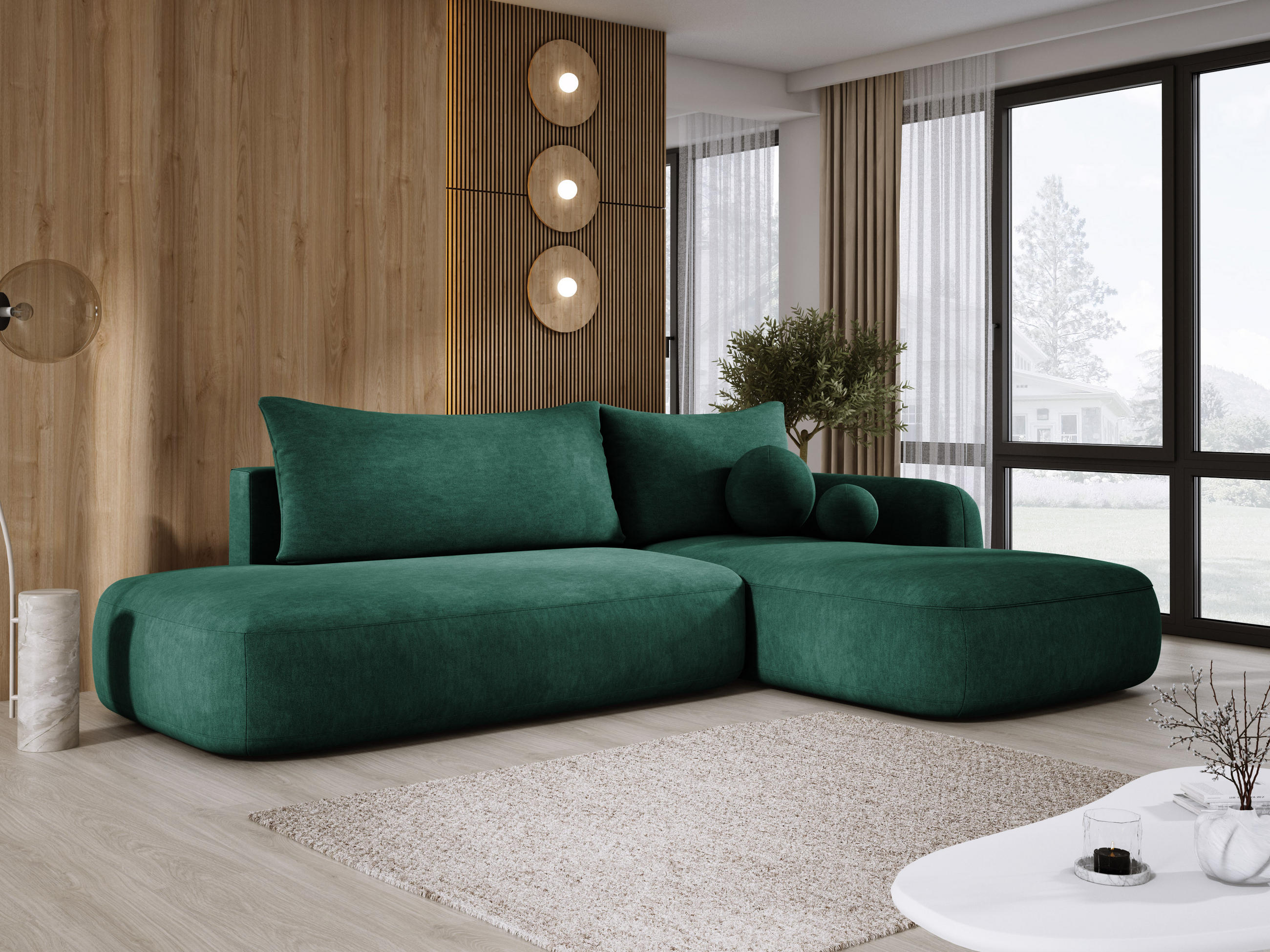 ECKSOFA BABU mit Bettfunktion – Moderne Polsterecke für Wohnzimmer, Funktionales Schlafsofa im Stoff CLOUD, 300x105x60 cm, Rechte, – Grün - Jadegrün, Holz/Textil (300/190cm) - DomoHome