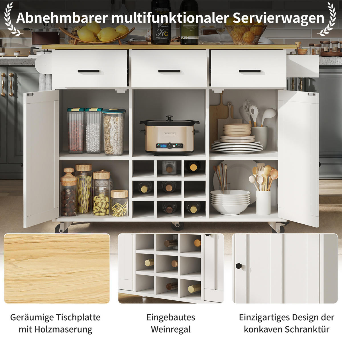 KÜCHENINSEL 104/39,5/91,5 cm aus MDF mit klappbarer Tischplatte Weiß - Weiß, Holzwerkstoff (104/91.5/39.5cm) - Modenvie