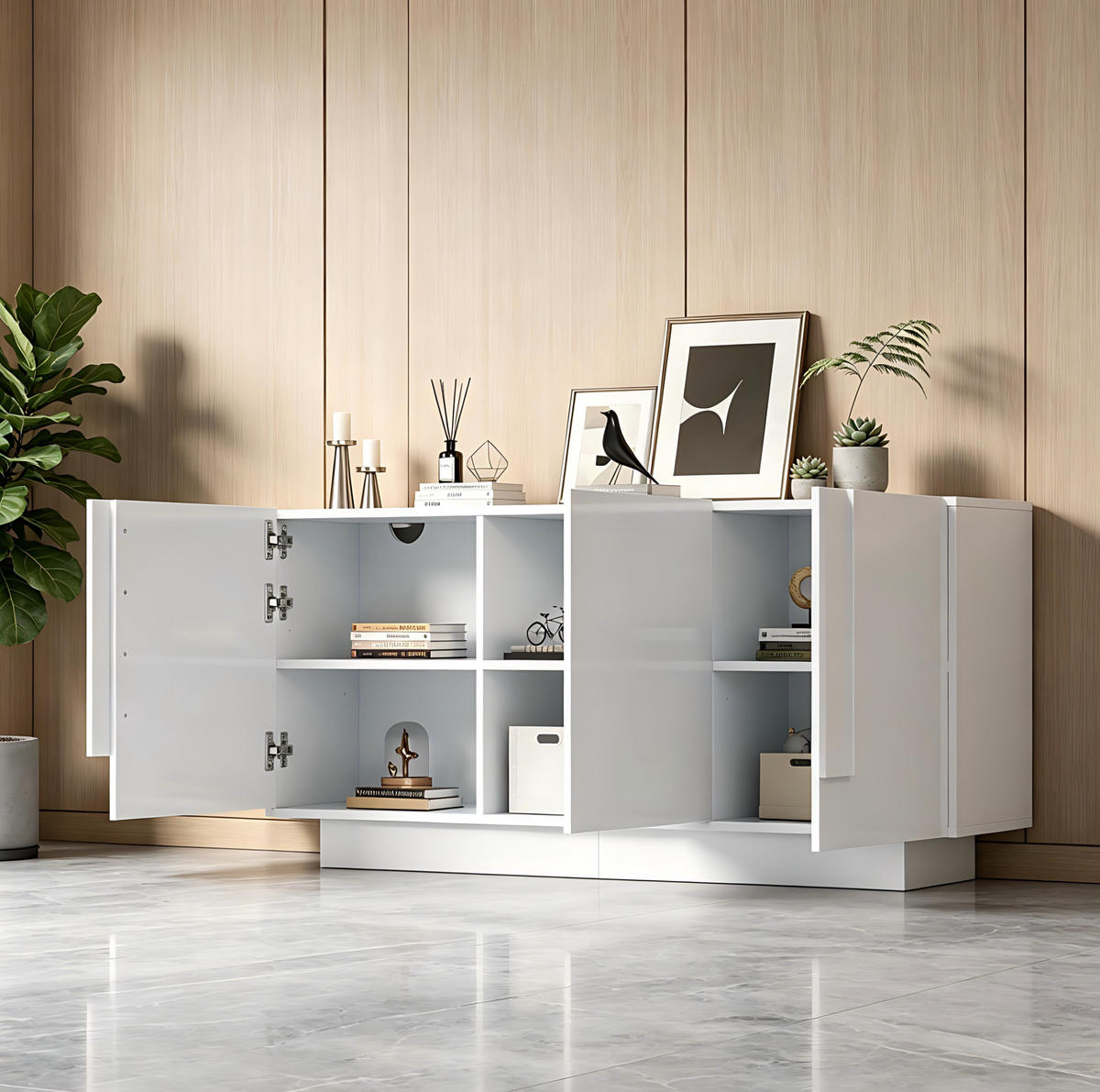 SIDEBOARD 160/35/60 cm weiß aus Spanplatte mit Hochglanzfronten - Weiß, Holzwerkstoff (160/60/35cm) - OKWISH