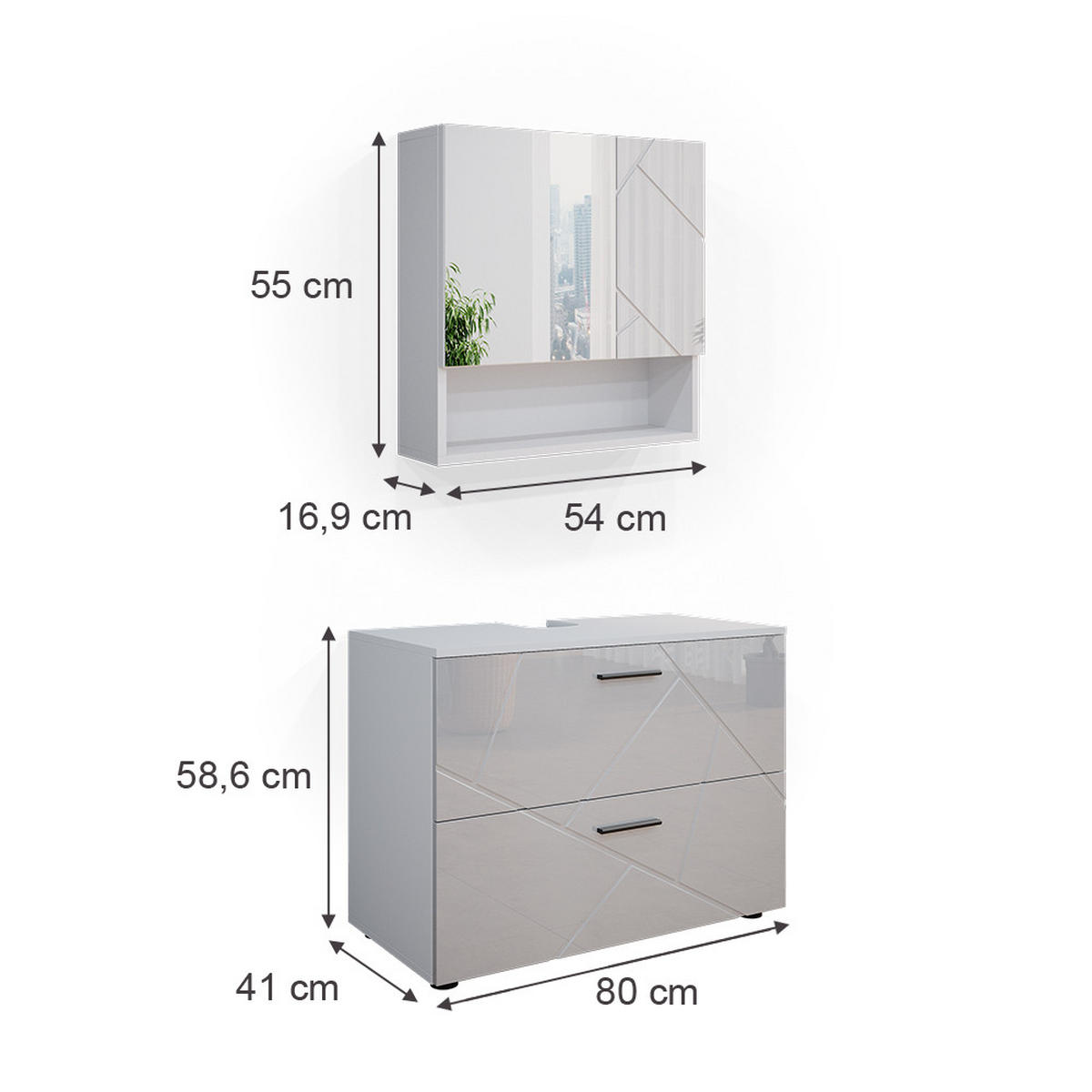 BADMÖBEL-SET Irma Weiß Hochglanz 2 Teile - Weiß Hochglanz/Weiß, Holzwerkstoff (80/58.6/41cm) - Vicco