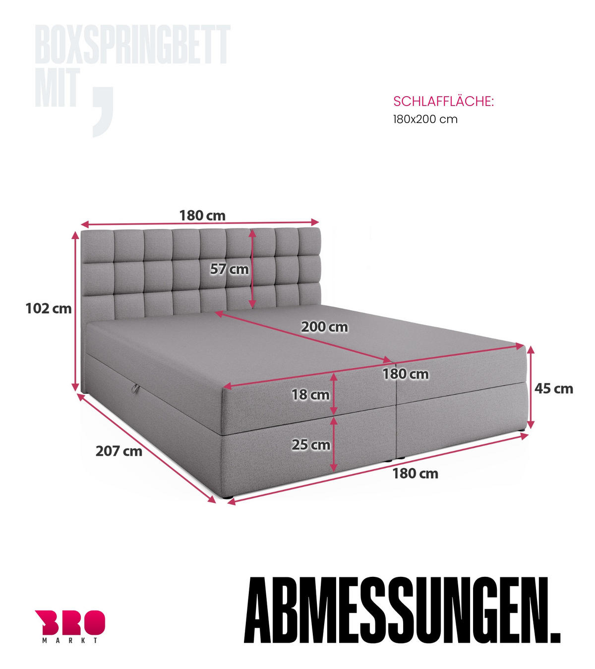 BOXBETT Dakota mit Topper 180/200 Grau - Grau, Textil (180/200cm) - Bromarkt