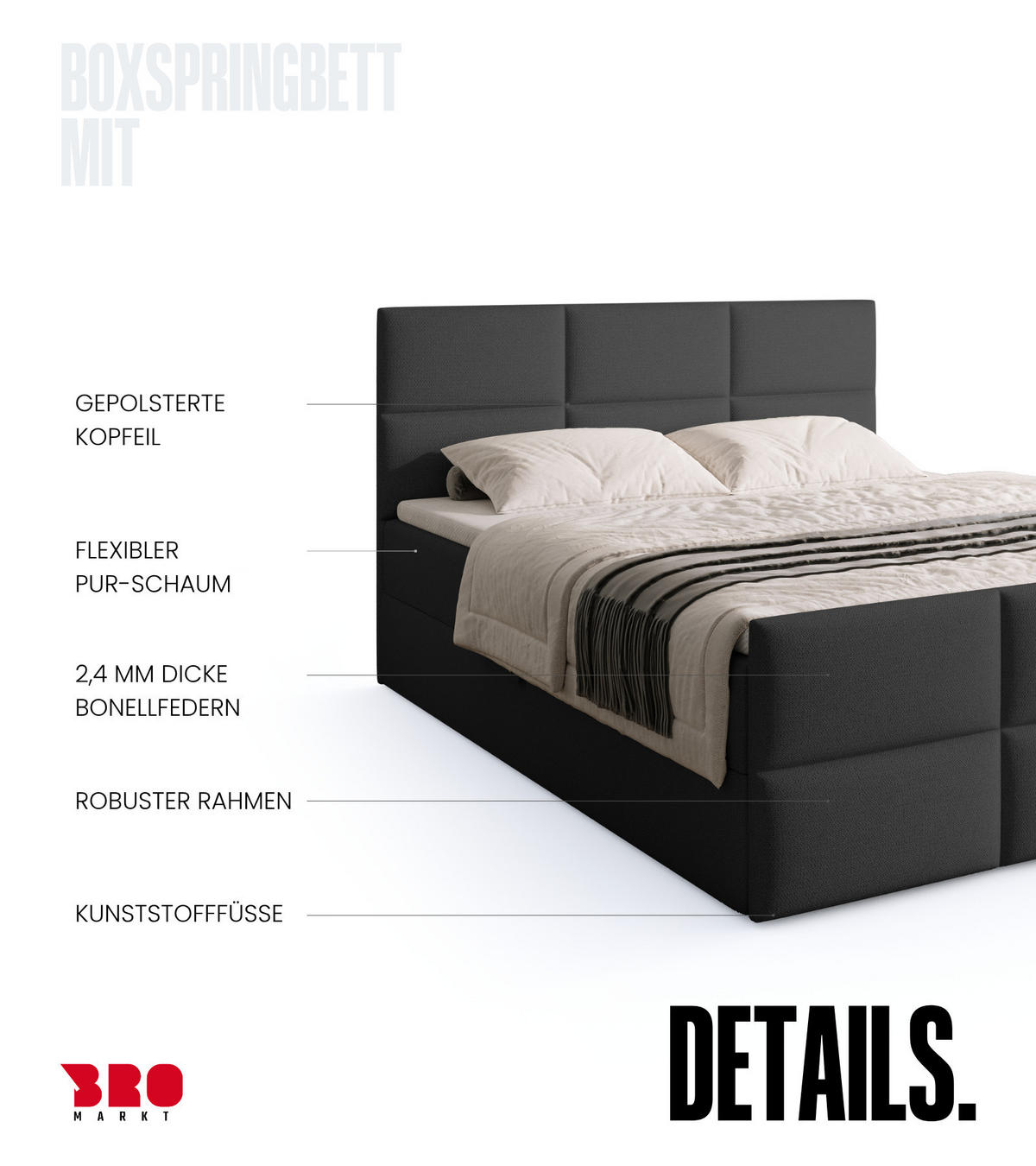BOXSPRINGBETT Boston Duo Mit Bettkasten, Topper und Matratze Graphit Cosmic 101 160x200 cm - Graphitfarben/Schwarz, Textil (160/200cm) - Bromarkt