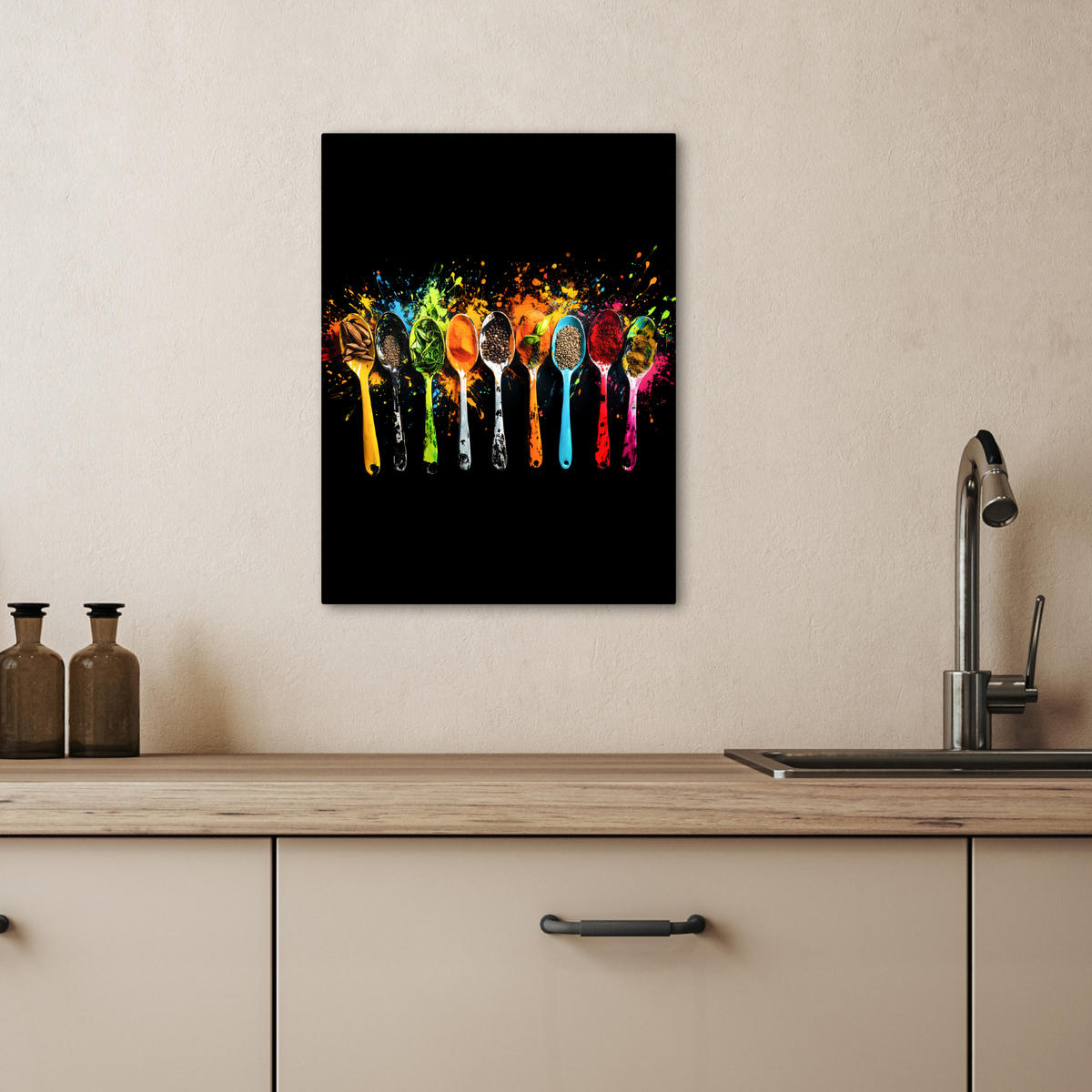 LEINWANDBILD Löffel - Gewürze - Modern - Graffiti - Farbe - Farbenfroh 30x40 cm - Multicolor, Textil (30/40cm) - MuchoWow