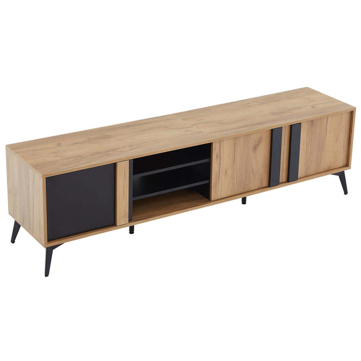 TV-LOWBOARD aus Spanplatte 180x40x50 cm Braun/Schwarz mit 3 Türen, 4 offenen Fächern und Kabelmanagement im rustikalen Stil - Schwarz, Holzwerkstoff (180/50/40cm) - Modfu
