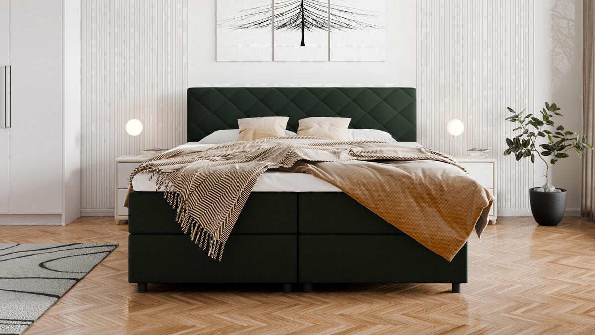 BOXBETT Diamaro 180x200 cm mit Bettkasten und Topper - Dunkelgrün - Grün, Holz (180/200cm) - Panda Möbel