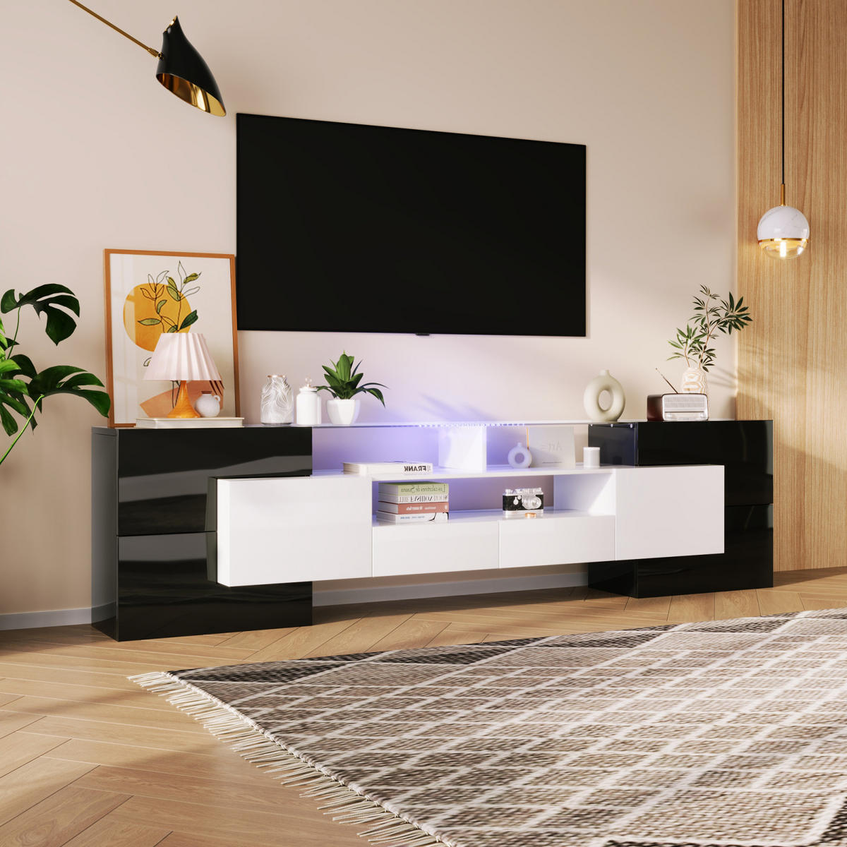 TV Lowboard LED 200 cm, Glasoberfläche, Schwarz - Schwarz, Holz (200/60/30cm)