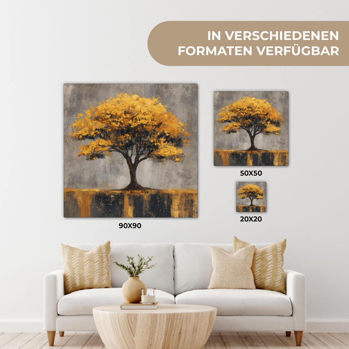 LEINWANDBILD Baum - Blätter - Gold - Abstrakt Deko Groß 90x90 cm - Grau, Textil (90/90cm) - MuchoWow