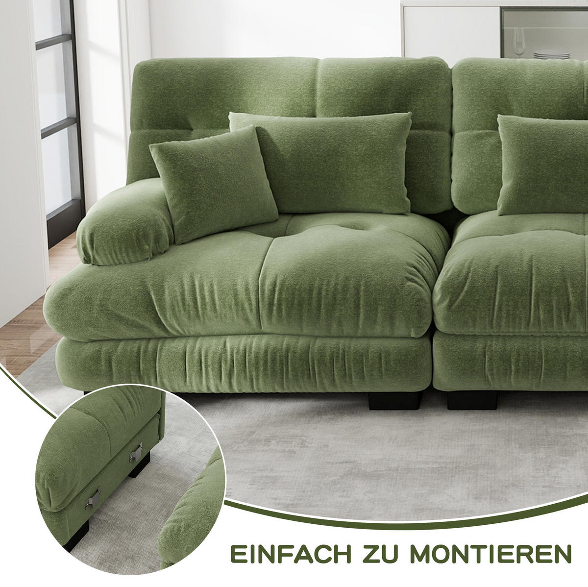 SOFA modular Chenille Green mit 2 Lendenkissen und 2 Dekokissen - Grün, Kunststoff (77/81/220cm) - Meubliv