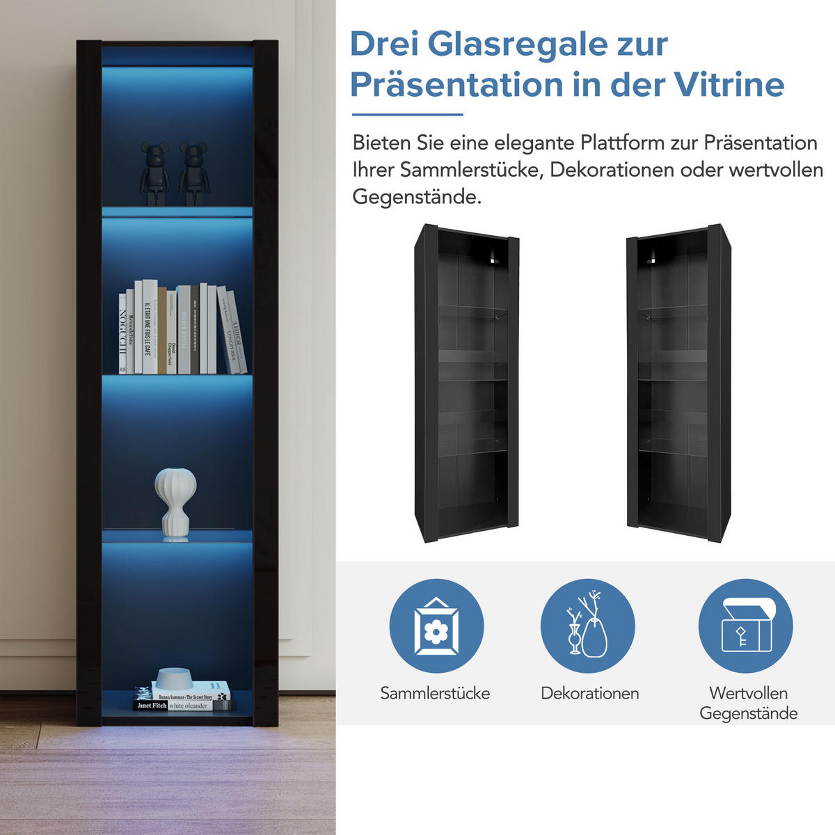 VITRINE 55/38/166 cm in Schwarz Hochglanz mit LED-Beleuchtung - Schwarz, Holzwerkstoff (55/166/38cm) - Flora Grace