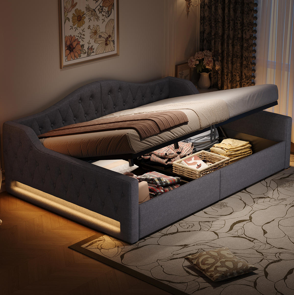 TAGESBETT 140/200 cm mit LED-Beleuchtung, Stauraum und Leinenpolsterung, Grau - Grau, Holzwerkstoff (140/200cm) - Redom