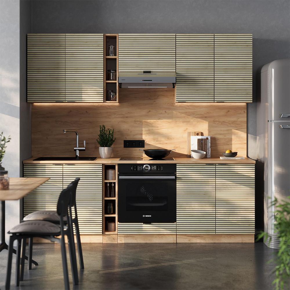 KÜCHENZEILE Fame-Line Eiche Paneel/Goldkraft Eiche 235 cm , AP Anthrazit - Hellbraun/Eiche Wotan, Holzwerkstoff (235/81.6/60cm) - Vicco