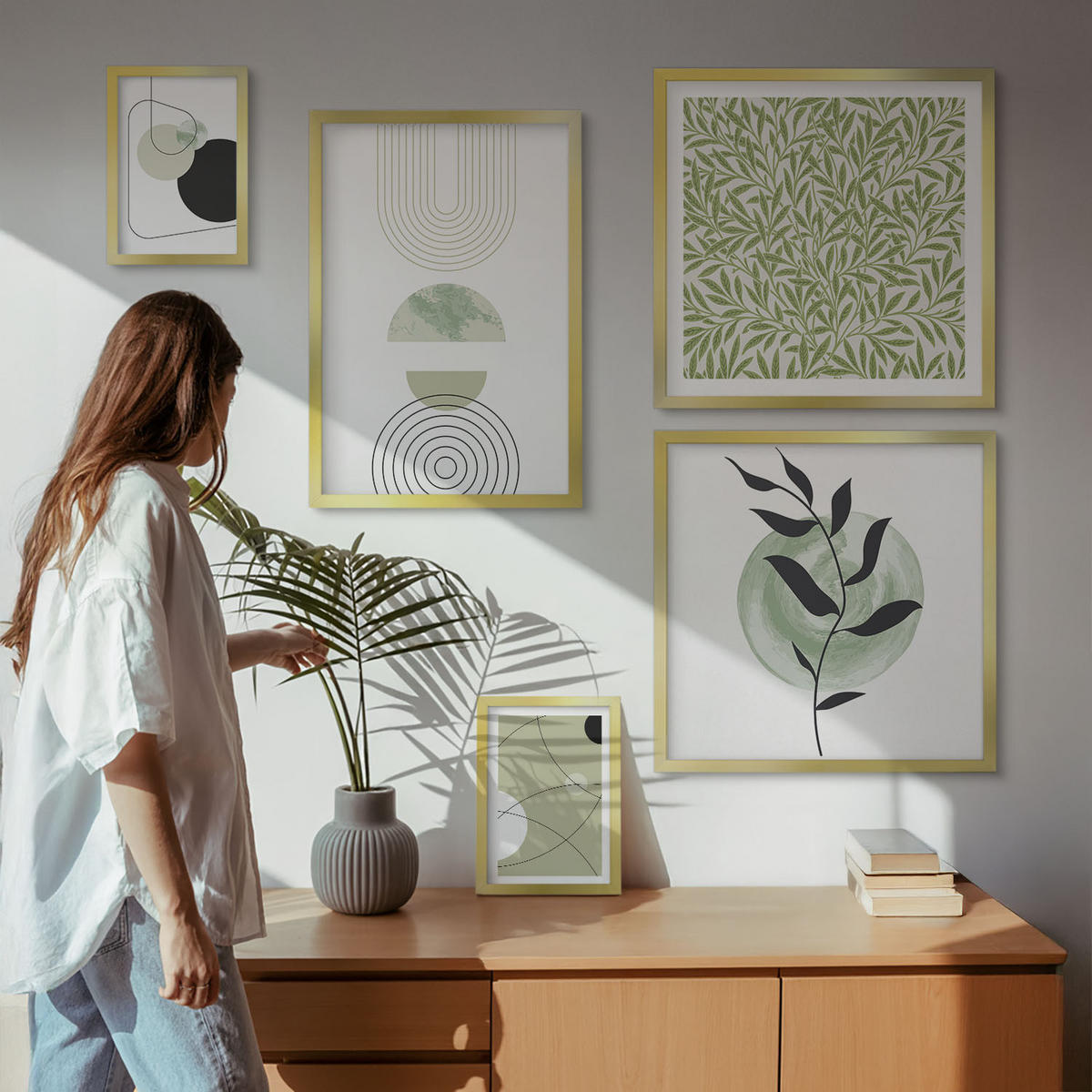 BILDER SET 5er Set - 50x50 cm & 20x30 cm & 40x60 cm Goldrahmen - Abstrakte Formen und Farben - Goldfarben, Kunststoff (40/60cm) - TULUP