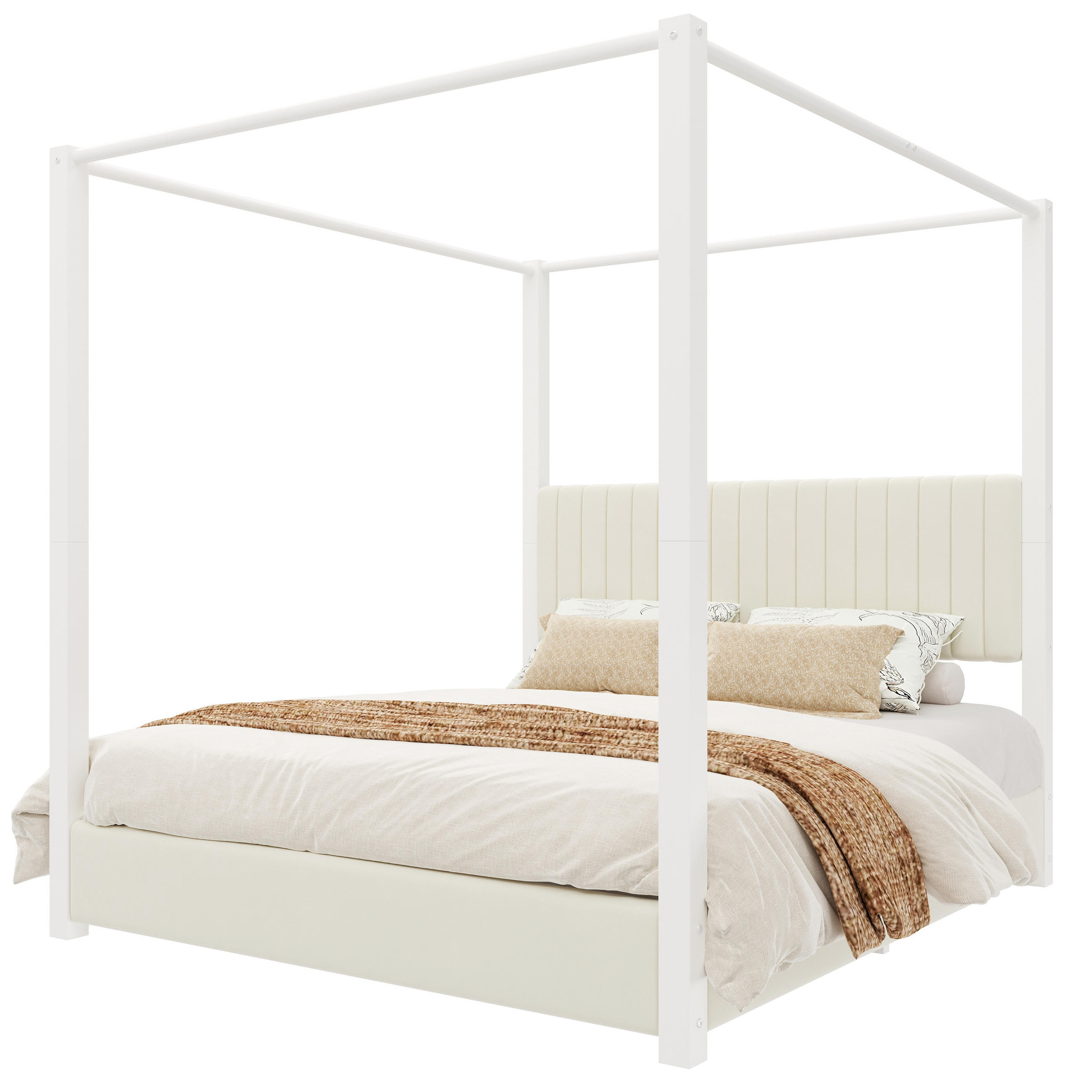 POLSTERBETT 180/200 cm in Beige & Weiß mit Himmelbettgestell, Kopfteil und Metallrahmen Samt Design - Beige/Weiß, Holzwerkstoff/Textil (180/200cm) - STILVORA