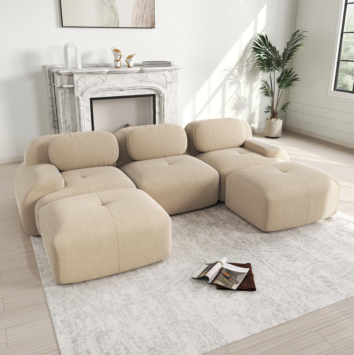 ECKSOFA 298/178/70 cm Beige aus Cordstoff mit 32D-Schaum, rahmenlos und montagefrei - Beige, Textil (178/298cm) - OKWISH